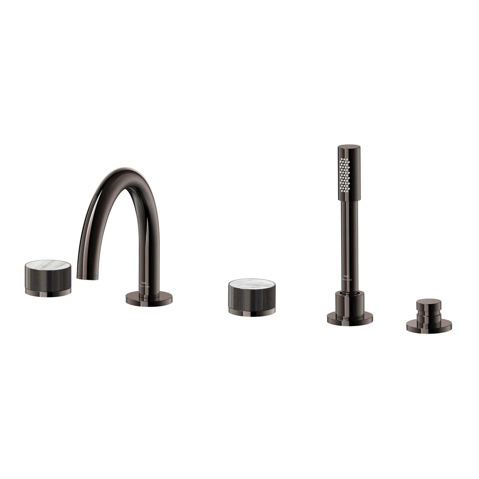 Atrio Private Collection 5-Hole 2-Handle Deckmount Tub Filler with Knob Handles with 1.75 GPM Hand Shower // HARD GRAPHITE // 286579_Atrio_PC_SiloLeft_105350A000_46462A000_0001_APRIL2026_0_CDNwebp.webp