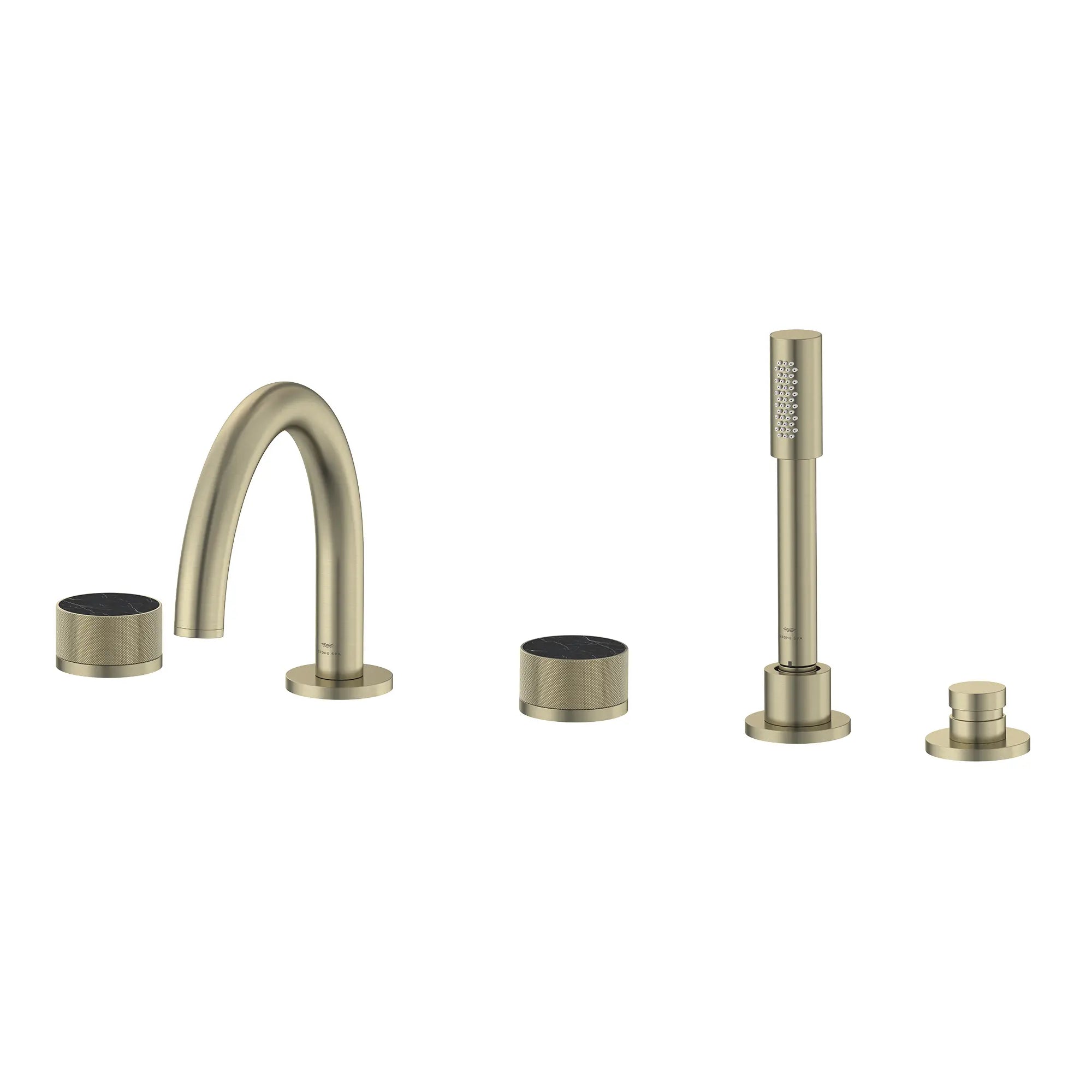 Atrio Private Collection 5-Hole 2-Handle Deckmount Tub Filler with Knob Handles with 1.75 GPM Hand Shower // BRUSHED NICKEL INFINITYFINISH // 286580_Atrio_PC_SiloLeft_105350EN00_464632430_0001_APRIL2026_0_CDNwebp.webp