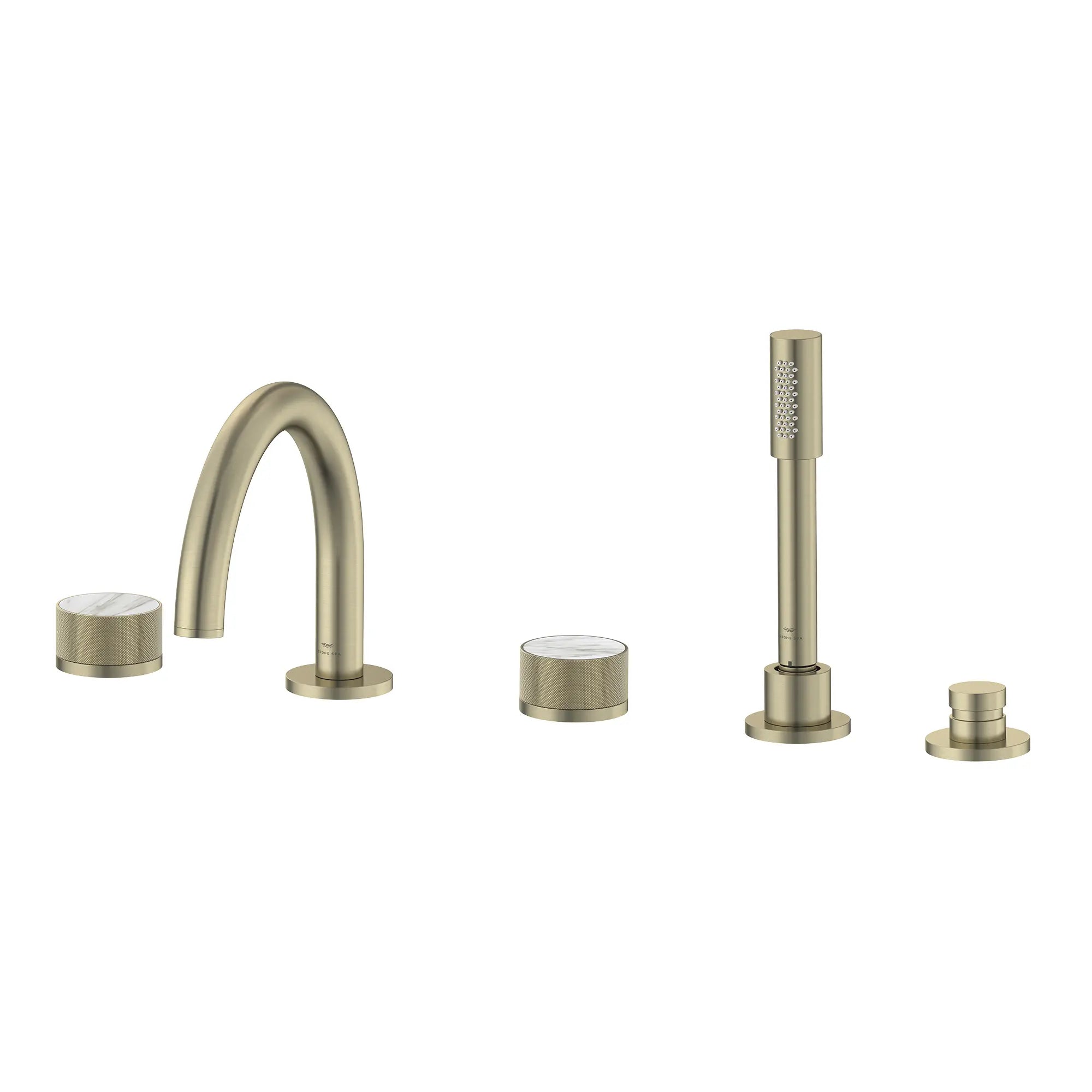 Atrio Private Collection 5-Hole 2-Handle Deckmount Tub Filler with Knob Handles with 1.75 GPM Hand Shower // BRUSHED NICKEL INFINITYFINISH // 286581_Atrio_PC_SiloLeft_105350EN00_464622430_0001_APRIL2026_0_CDNwebp.webp