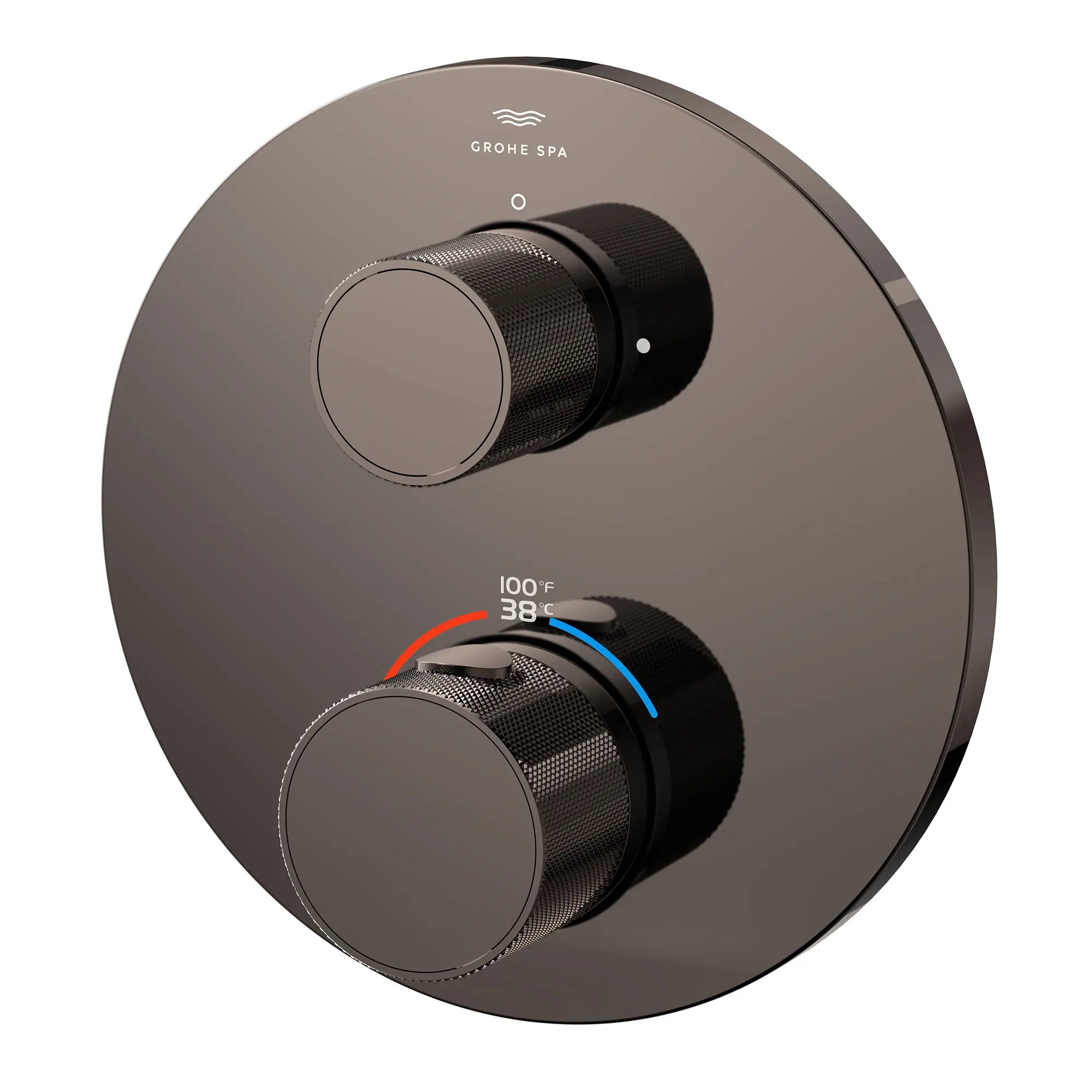 Atrio Private Collection Dual Function 2-Handle Thermostatic Valve Trim with Control Module with Knob Handles // HARD GRAPHITE // 286586_Atrio_PC_SiloLeft_105366A000_0001_APRIL2026_0_CDNwebp.webp