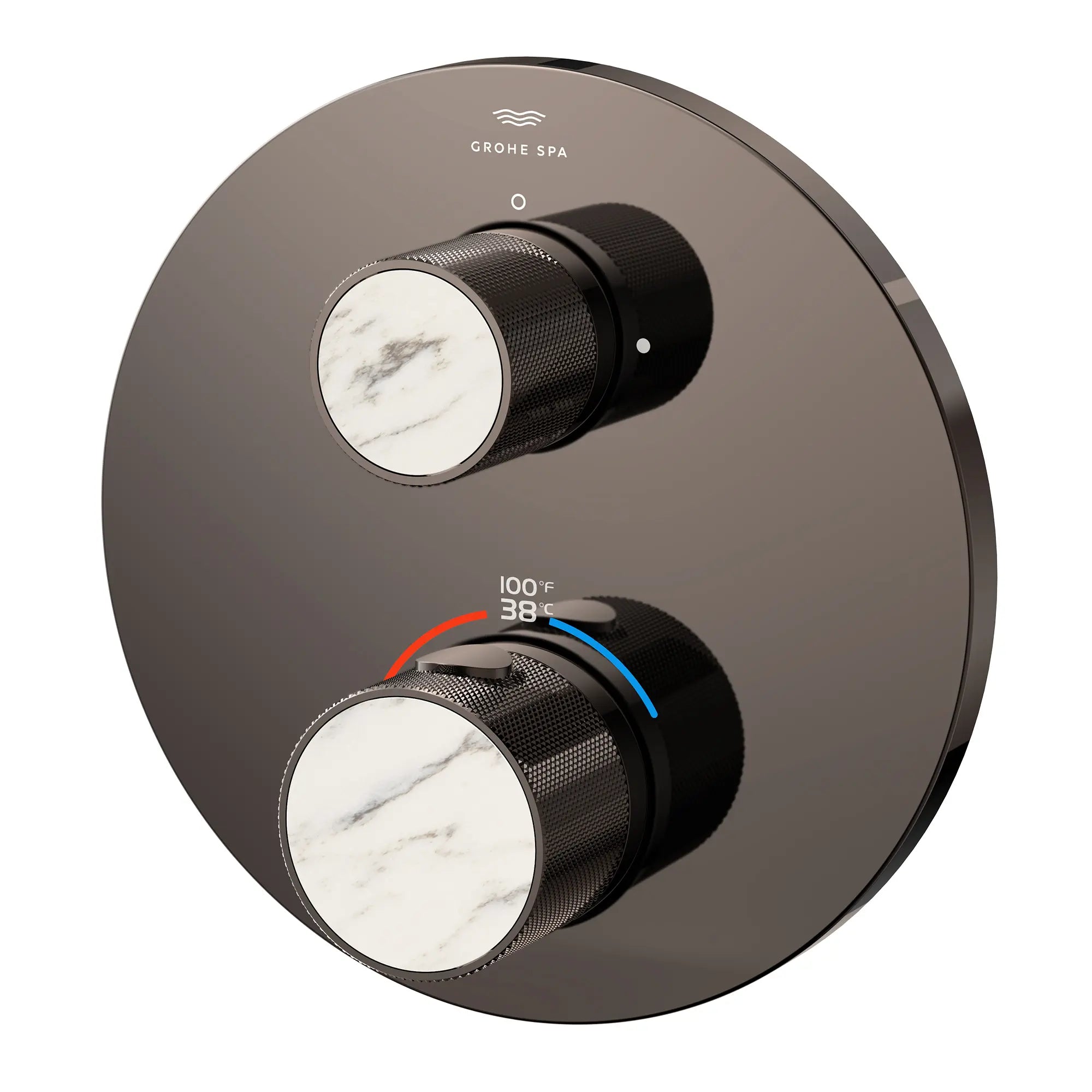 Atrio Private Collection Dual Function 2-Handle Thermostatic Valve Trim with Control Module with Knob Handles // HARD GRAPHITE // 286587_Atrio_PC_SiloLeft_105366A000_48466A000_0001_APRIL2026_0_CDNwebp.webp