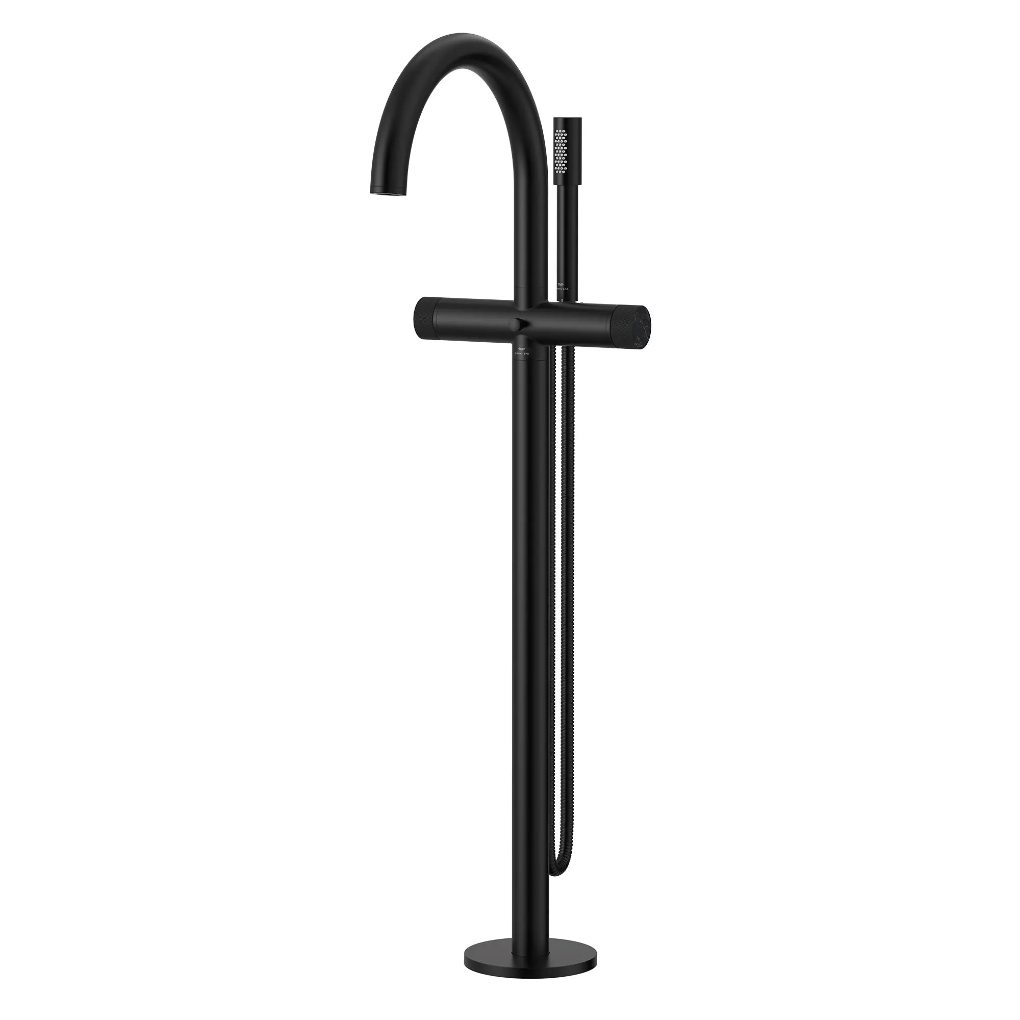Atrio Private Collection 2-Handle Free Standing Tub Filler with Knob Handles, with 1.75 GPM Hand Shower // MATTE BLACK // 286603_Atrio_PC_SiloLeft_105772243_48461243_0001_APRIL2026_0_CDNwebp.webp