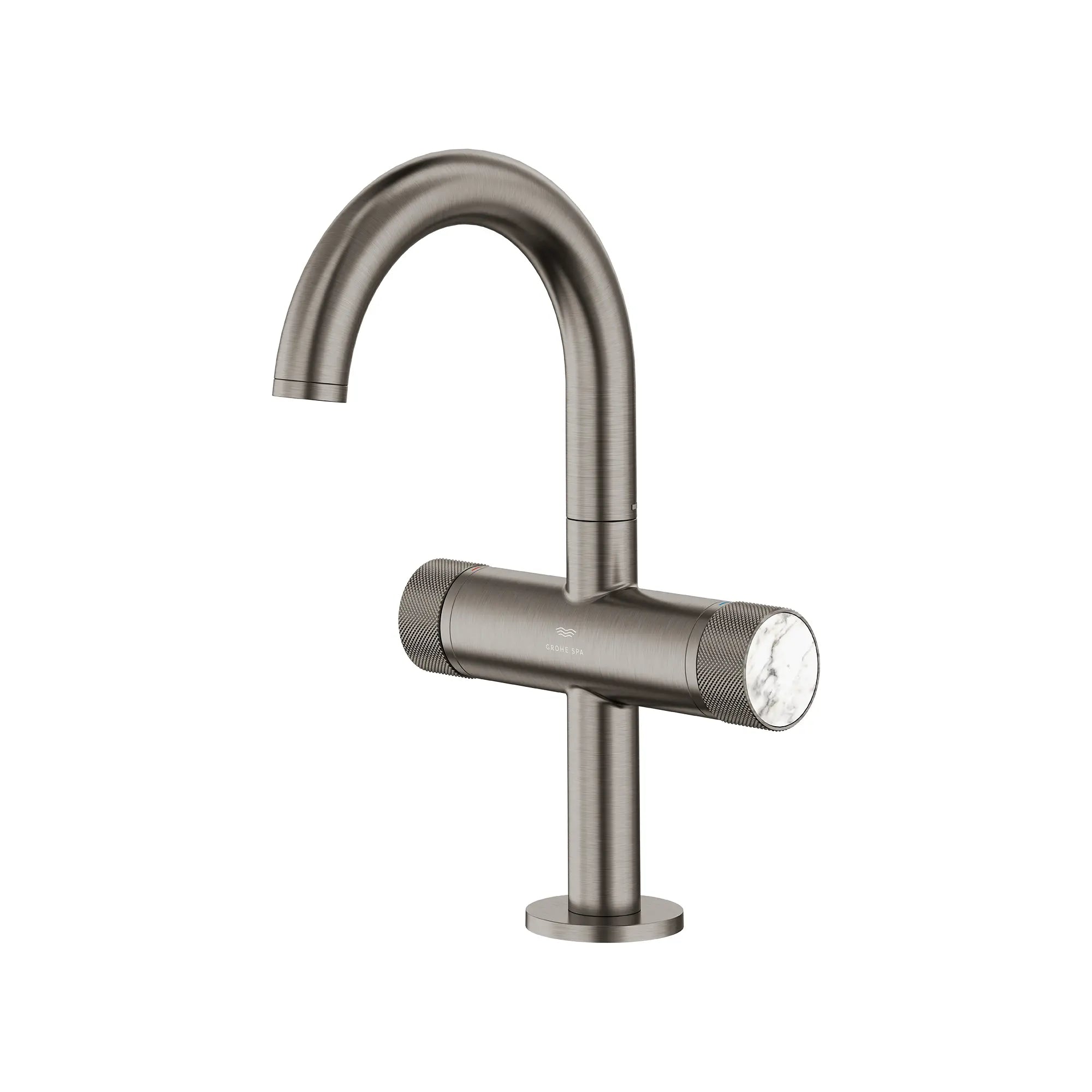 Atrio Private Collection Single Hole Two-Handle M-Size Bathroom Faucet with Knob Handles, 1.2 GPM (4.5 L/min) // BRUSHED HARD GRAPHITE // 286700_Atrio_SiloLeft_105341AL00_48456AL00_0001_MARCH2026_0_CDNwebp.webp