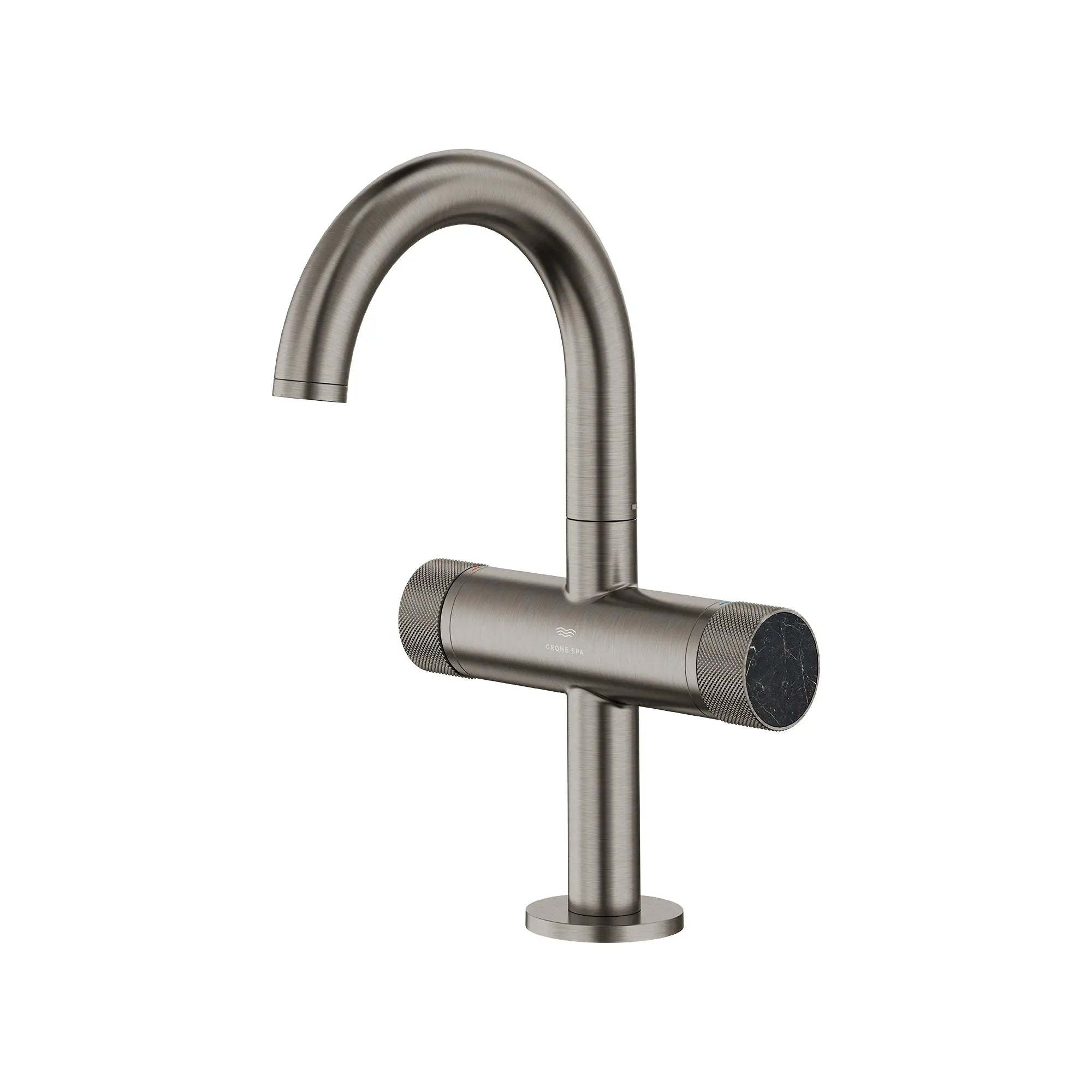Atrio Private Collection Single Hole Two-Handle M-Size Bathroom Faucet with Knob Handles, 1.2 GPM (4.5 L/min) // BRUSHED HARD GRAPHITE // 286701_Atrio_SiloLeft_105341AL00_48457AL00_0001_MARCH2026_0_CDNwebp.webp