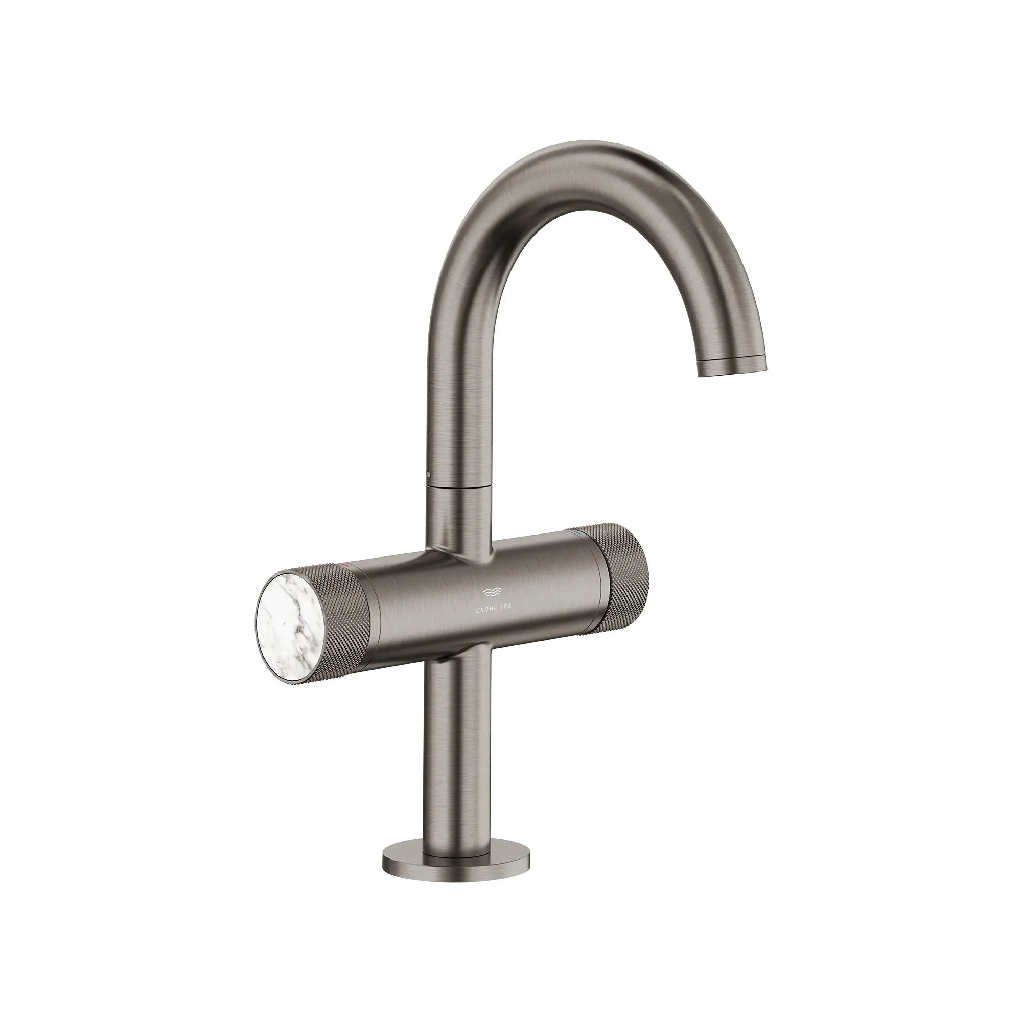 Atrio Private Collection Single Hole Two-Handle M-Size Bathroom Faucet with Knob Handles, 1.2 GPM (4.5 L/min) // BRUSHED HARD GRAPHITE // 286720_Atrio_SiloRight_105341AL00_48456AL00_0001_MARCH2026_0_CDNwebp.webp