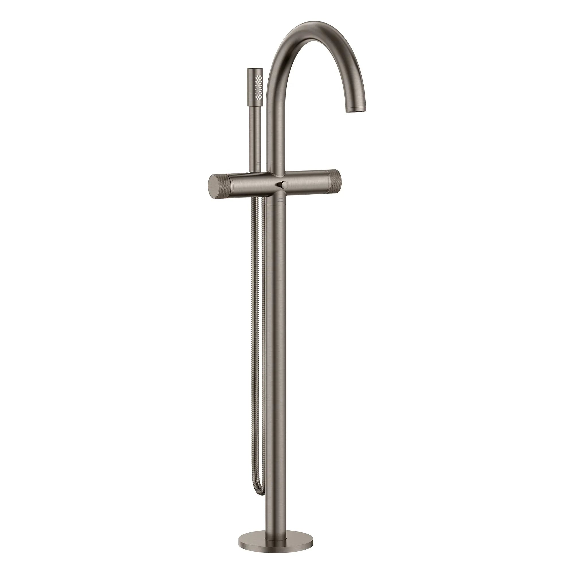 Atrio Private Collection 2-Handle Free Standing Tub Filler with Knob Handles, with 1.75 GPM Hand Shower // BRUSHED HARD GRAPHITE // 287142_Atrio_PC_SiloRight_105772AL0_0001_JUNE2026_1_CDNwebp.webp