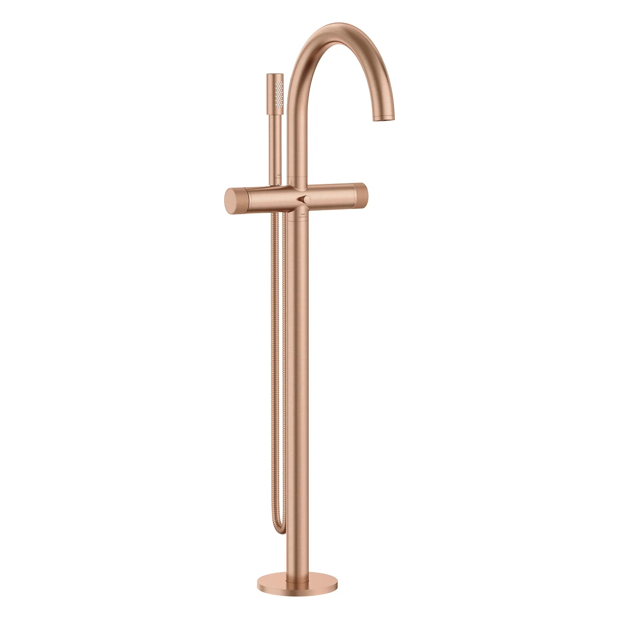 Atrio Private Collection 2-Handle Free Standing Tub Filler with Knob Handles, with 1.75 GPM Hand Shower // BRUSHED WARM SUNSET // 287145_Atrio_PC_SiloRight_105772DL0_0001_JUNE2026_1_CDNwebp.webp