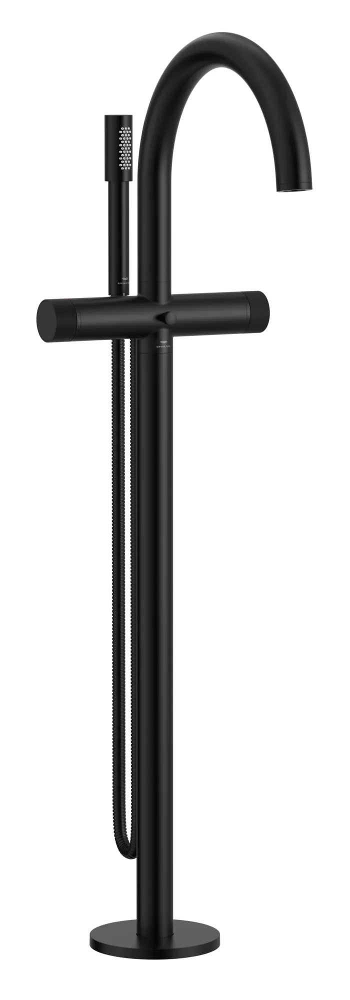 Atrio Private Collection 2-Handle Free Standing Tub Filler with Knob Handles, with 1.75 GPM Hand Shower // MATTE BLACK // 287147_Atrio_PC_SiloRight_105772243_0001_JUNE2026_0_CDNwebp.webp