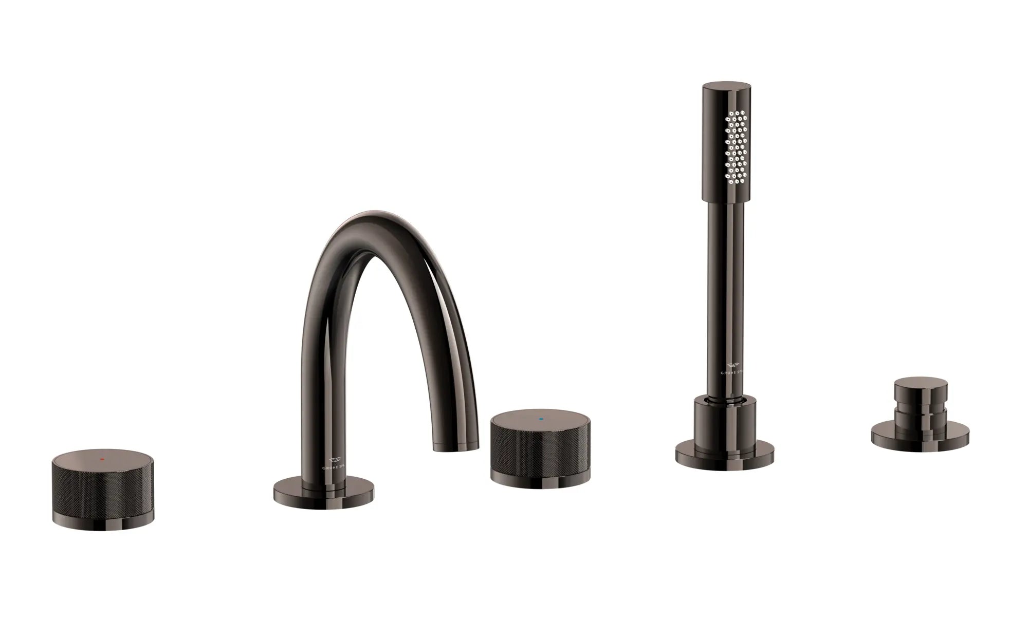 Atrio Private Collection 5-Hole 2-Handle Deckmount Tub Filler with Knob Handles with 1.75 GPM Hand Shower // HARD GRAPHITE // 287241_Atrio_PC_SiloRight_105350A000_0001_JUNE2026_0_CDNwebp.webp