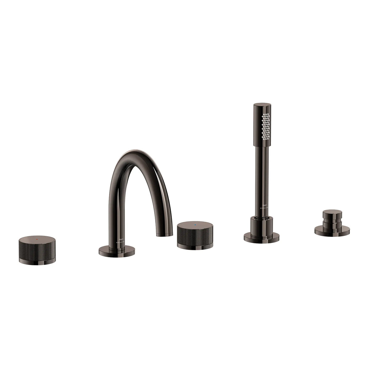 Atrio Private Collection 5-Hole 2-Handle Deckmount Tub Filler with Knob Handles with 1.75 GPM Hand Shower // HARD GRAPHITE // 287241_Atrio_PC_SiloRight_105350A000_0001_JUNE2026_1_CDNwebp.webp