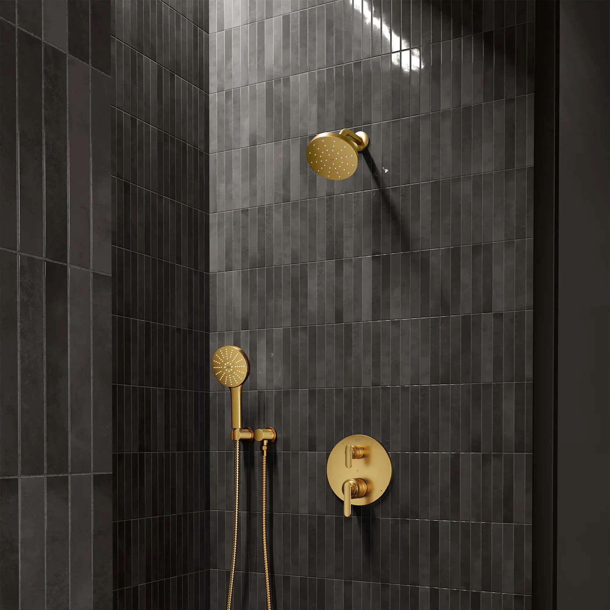 Euphoria 140 with AquaBooster Round Single Spray Shower Head 1.75 GPM (6.6L/min) // BRUSHED COOL SUNRISE // 287491_Aqua_Booster_EnvironmentCloseUp_111714GN00_106235GN00_0001_MARCH2026_0_CDNwebp.webp