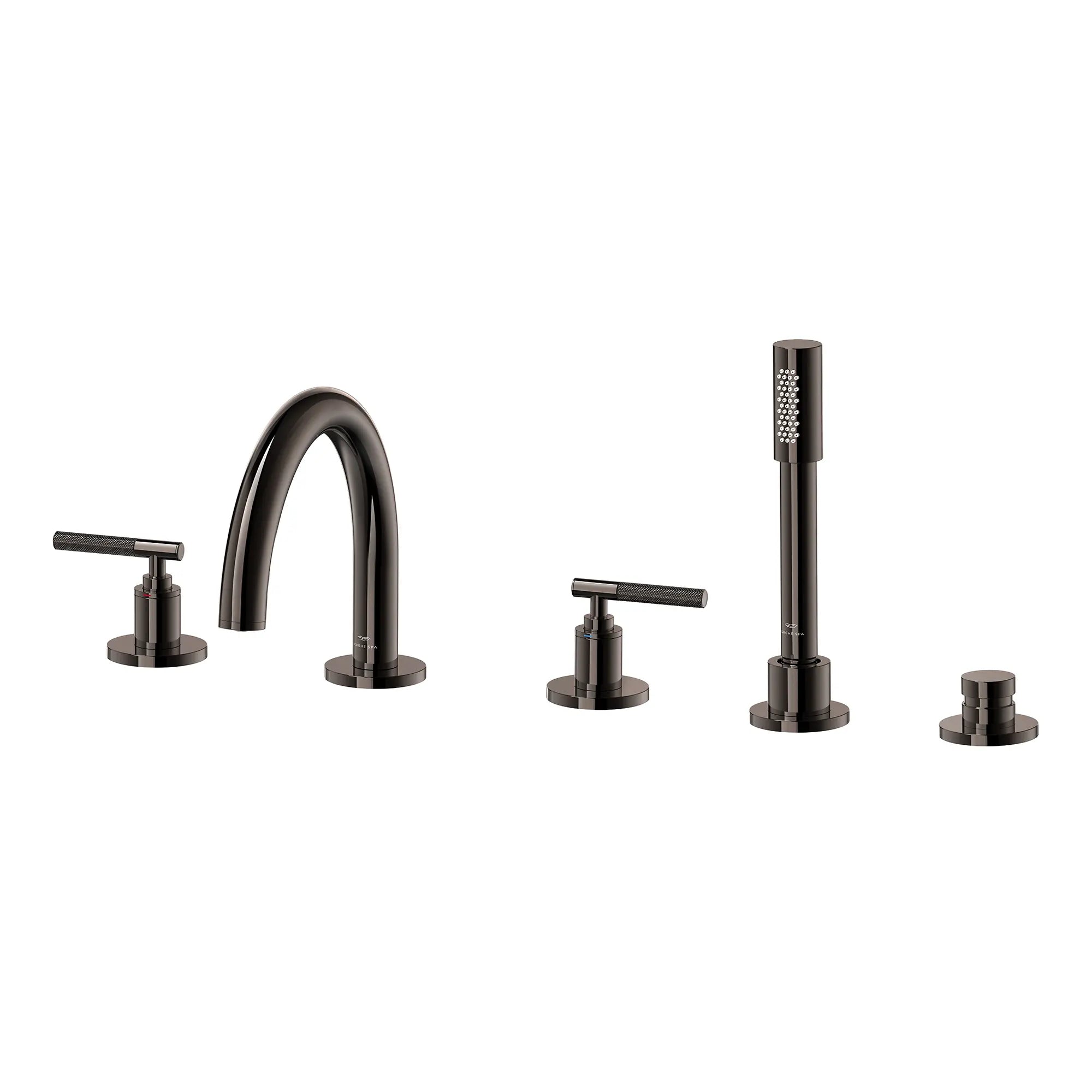 Atrio 5-Hole 2-Handle Deck Mount Roman Tub Faucet without Handles with 1.75 GPM Hand Shower // HARD GRAPHITE // 287624_Atrio_PC_SiloLeft_25274A000_48651A000_0001_APRIL2026_0_CDNwebp.webp
