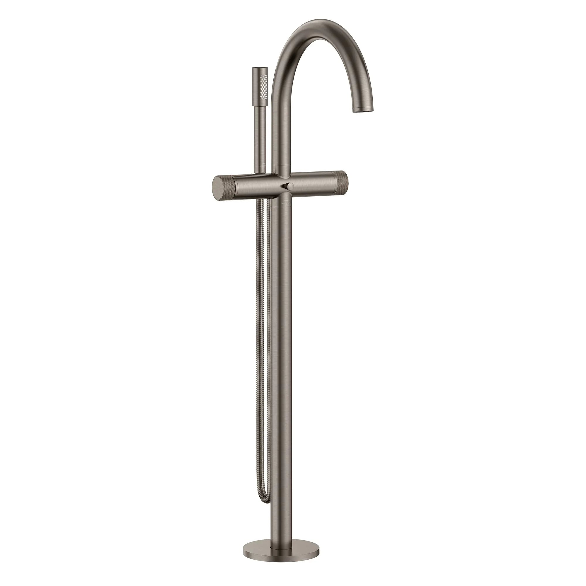 Atrio Private Collection 2-Handle Free Standing Tub Filler with Knob Handles, with 1.75 GPM Hand Shower // BRUSHED HARD GRAPHITE // 288178_Atrio_PC_SiloRight_105772AL00_0001_JUNE2026_1_CDNwebp.webp