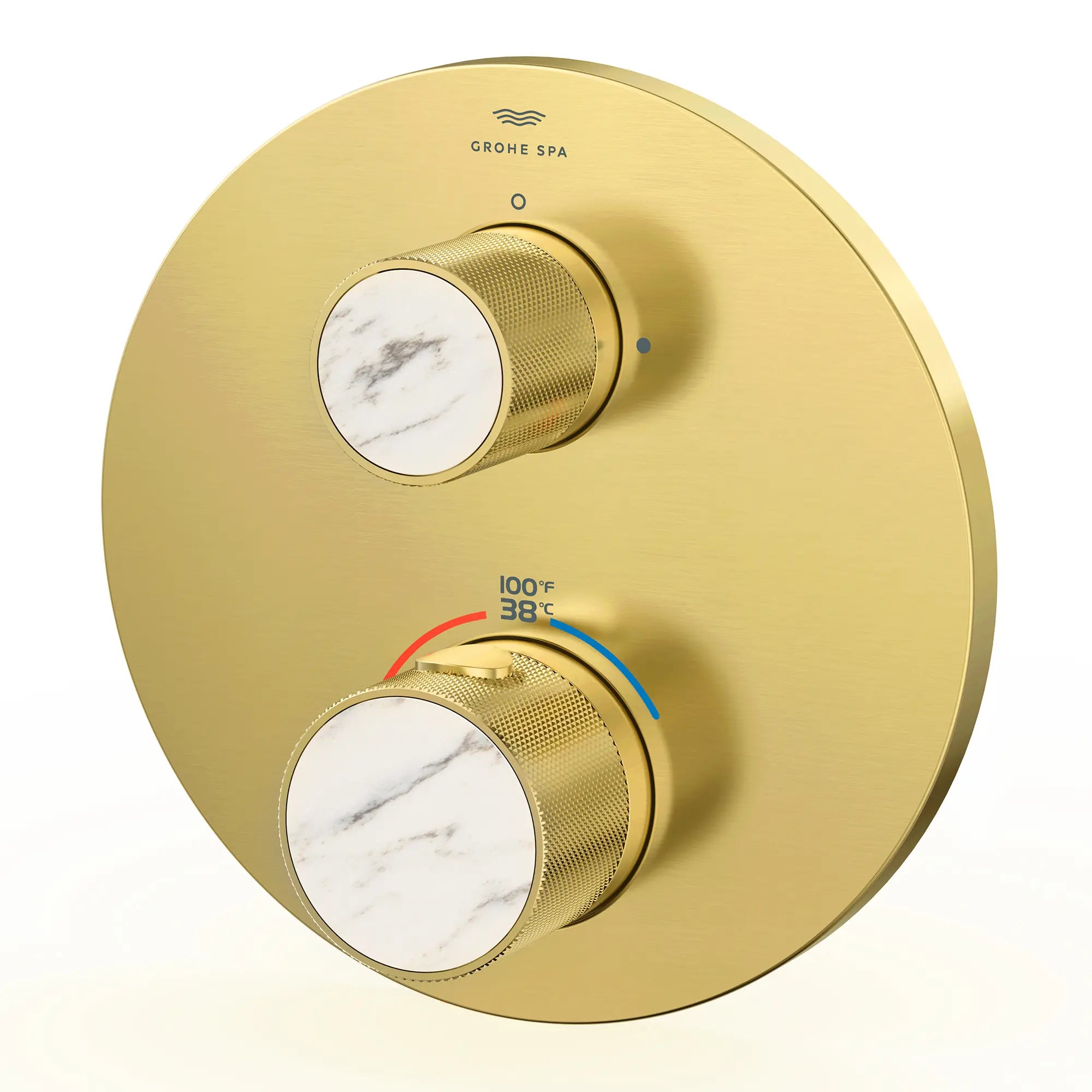 Atrio Private Collection Dual Function 2-Handle Thermostatic Valve Trim with Control Module with Knob Handles // BRUSHED COOL SUNRISE // 288297_Atrio_PC_SiloLeft_105366GN00_48466GN00_0001_APRIL2026_0_CDNwebp.webp