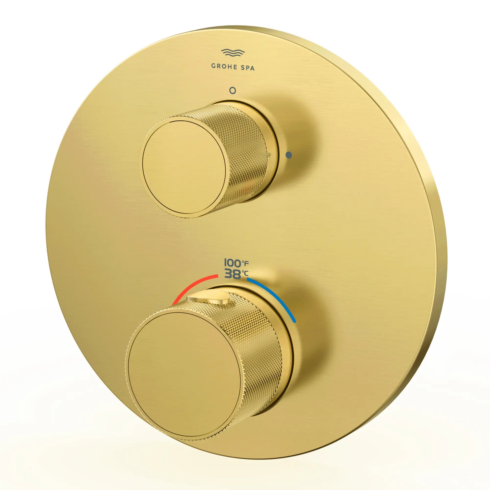 Atrio Private Collection Dual Function 2-Handle Thermostatic Valve Trim with Control Module with Knob Handles // BRUSHED COOL SUNRISE // 288298_Atrio_PC_SiloLeft_105366GN00_0001_APRIL2026_0_CDNwebp.webp