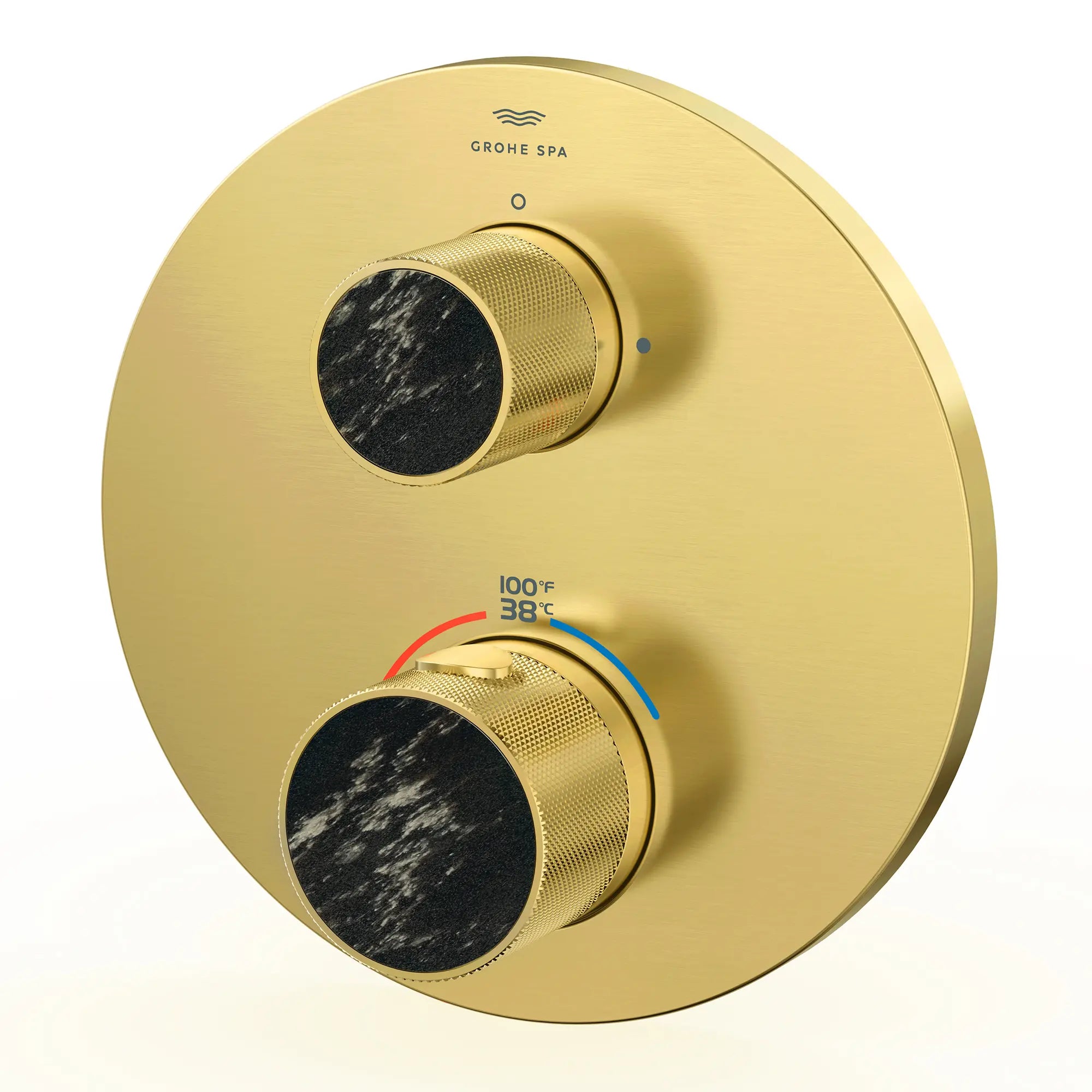 Atrio Private Collection Dual Function 2-Handle Thermostatic Valve Trim with Control Module with Knob Handles // BRUSHED COOL SUNRISE // 288299_Atrio_PC_SiloLeft_105366GN00_48467GN00_0001_APRIL2026_0_CDNwebp.webp