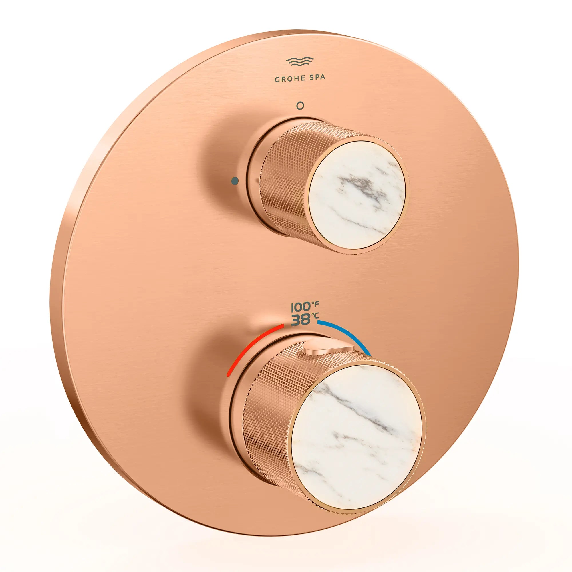 Atrio Private Collection Dual Function 2-Handle Thermostatic Valve Trim with Control Module with Knob Handles // BRUSHED WARM SUNSET // 288304_Atrio_PC_SiloRight_105366DL00_48466DL00_0001_APRIL2026_0_CDNwebp.webp
