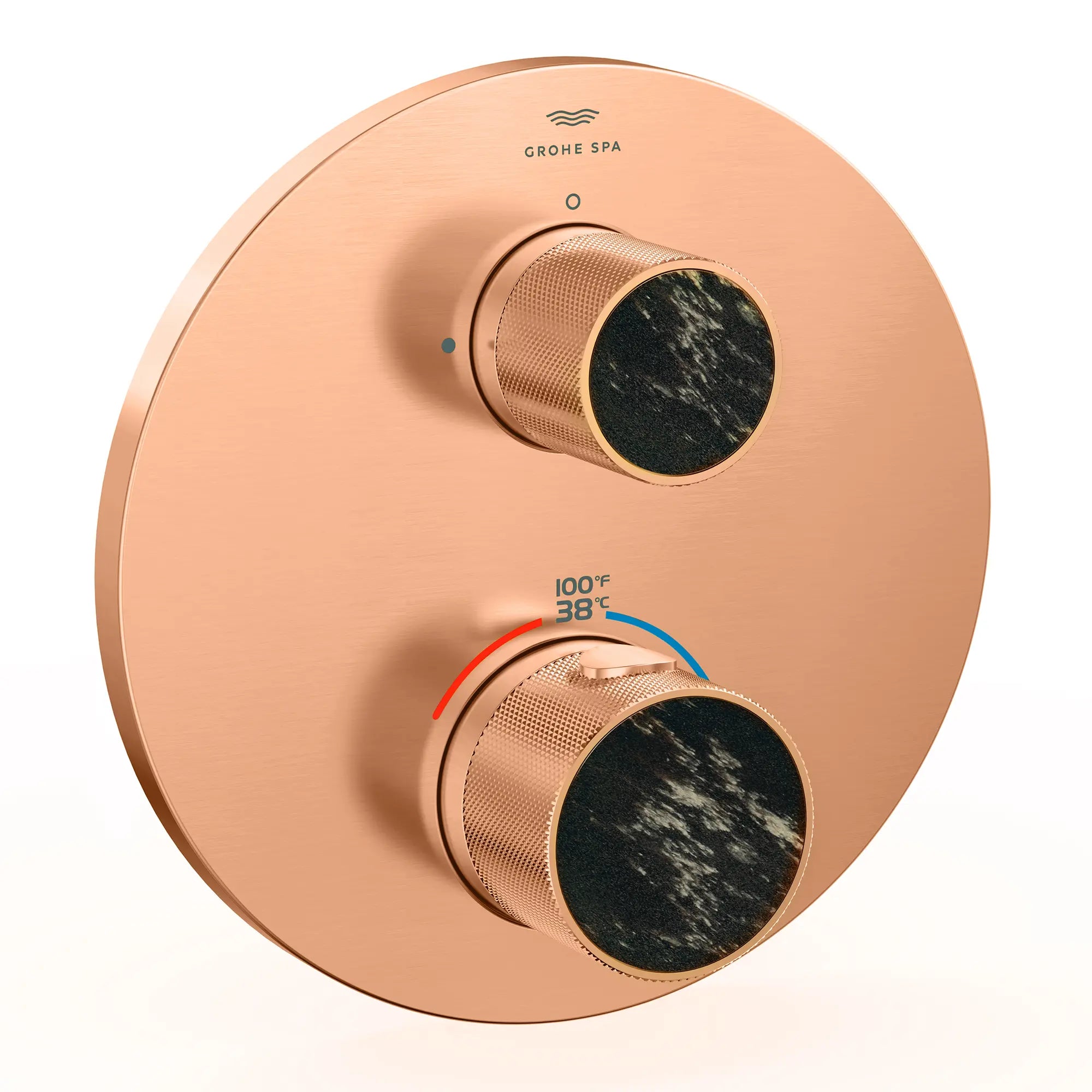 Atrio Private Collection Dual Function 2-Handle Thermostatic Valve Trim with Control Module with Knob Handles // BRUSHED WARM SUNSET // 288306_Atrio_PC_SiloRight_105366DL00_48467DL00_0001_APRIL2026_0_CDNwebp.webp