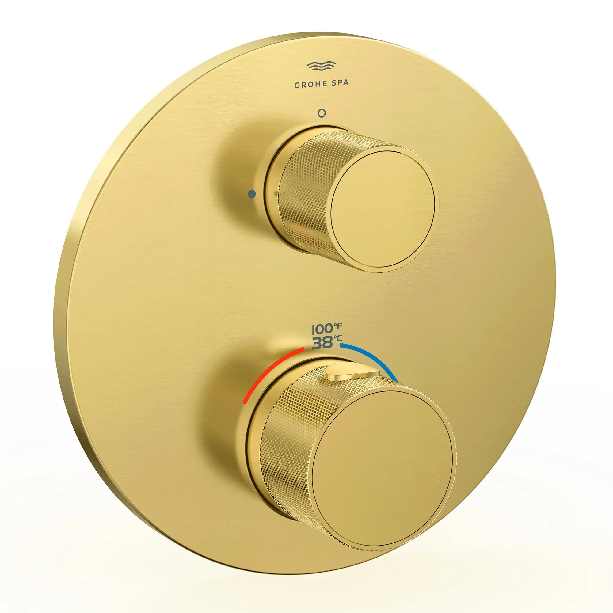 Atrio Private Collection Dual Function 2-Handle Thermostatic Valve Trim with Control Module with Knob Handles // BRUSHED COOL SUNRISE // 288307_Atrio_PC_SiloRight_105366GN00_0001_APRIL2026_0_CDNwebp.webp