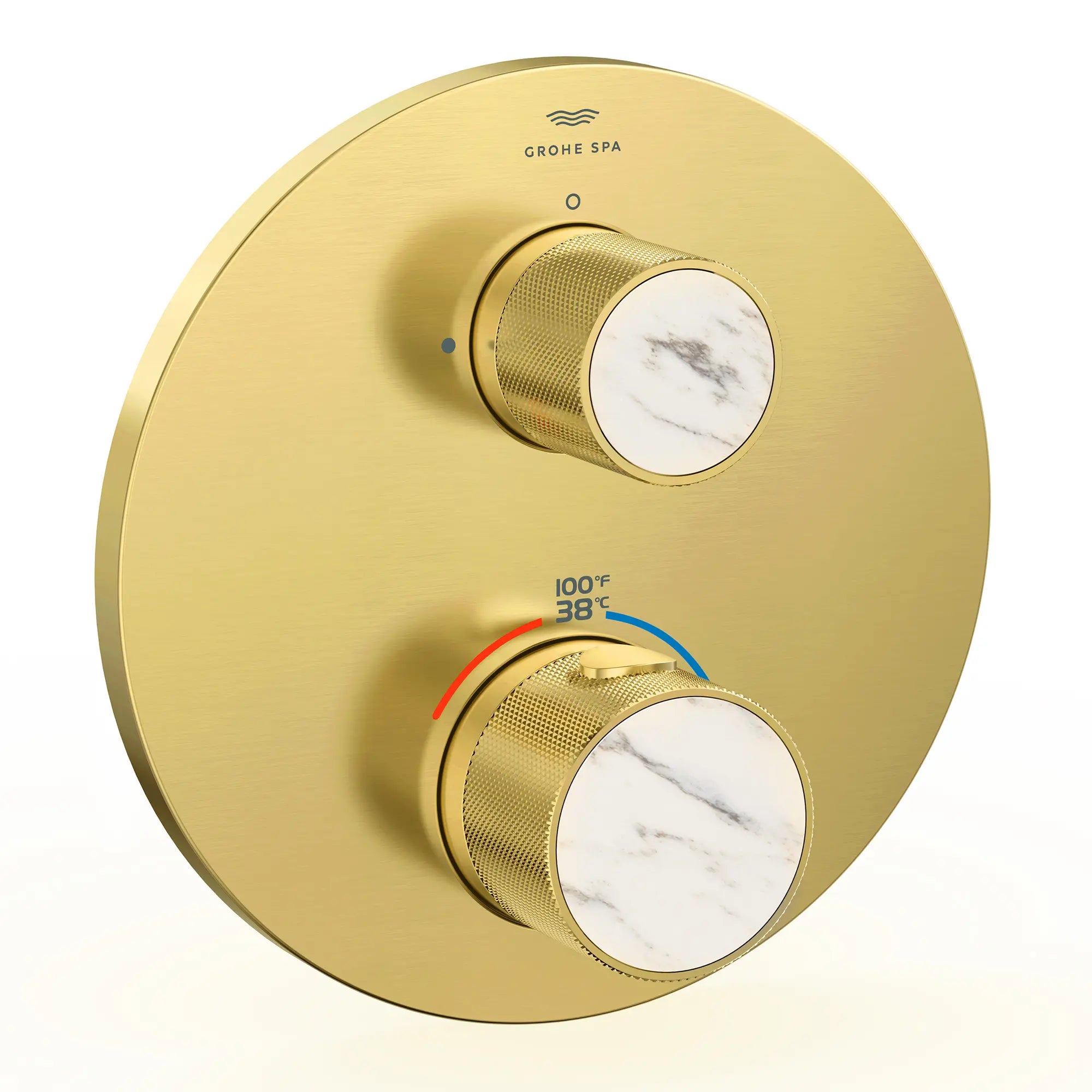Atrio Private Collection Dual Function 2-Handle Thermostatic Valve Trim with Control Module with Knob Handles // BRUSHED COOL SUNRISE // 288309_Atrio_PC_SiloRight_105366GN00_48466GN00_0001_APRIL2026_0_CDNwebp.webp