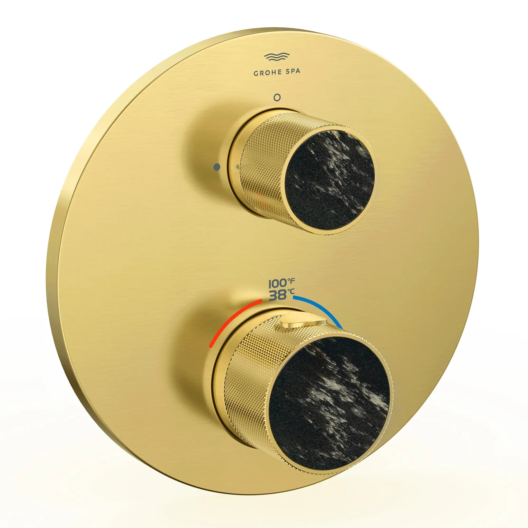 Atrio Private Collection Dual Function 2-Handle Thermostatic Valve Trim with Control Module with Knob Handles // BRUSHED COOL SUNRISE // 288310_Atrio_PC_SiloRight_105366GN00_48467GN00_0001_APRIL2026_0_CDNwebp.webp