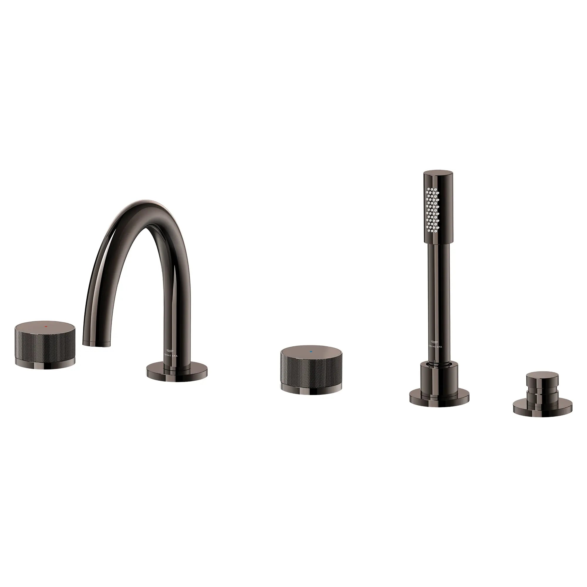 Atrio Private Collection 5-Hole 2-Handle Deckmount Tub Filler with Knob Handles with 1.75 GPM Hand Shower // HARD GRAPHITE // 288341_Atrio_PC_SiloLeft_105350A000_0001_JUNE2026_1_CDNwebp.webp
