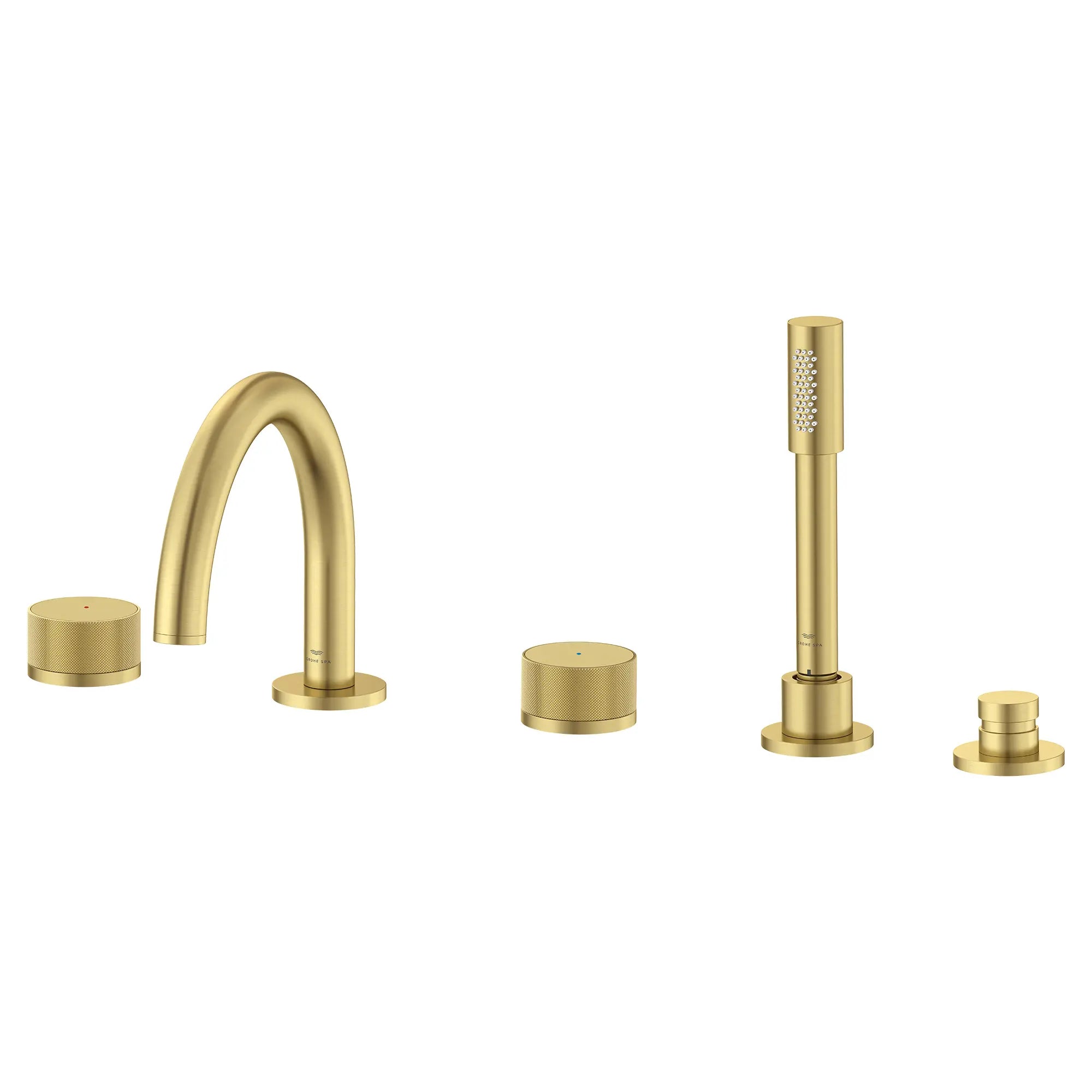 Atrio Private Collection 5-Hole 2-Handle Deckmount Tub Filler with Knob Handles with 1.75 GPM Hand Shower // BRUSHED NICKEL INFINITYFINISH // 288344_Atrio_PC_SiloLeft_105350EN00_0001_JUNE2026_1_CDNwebp.webp