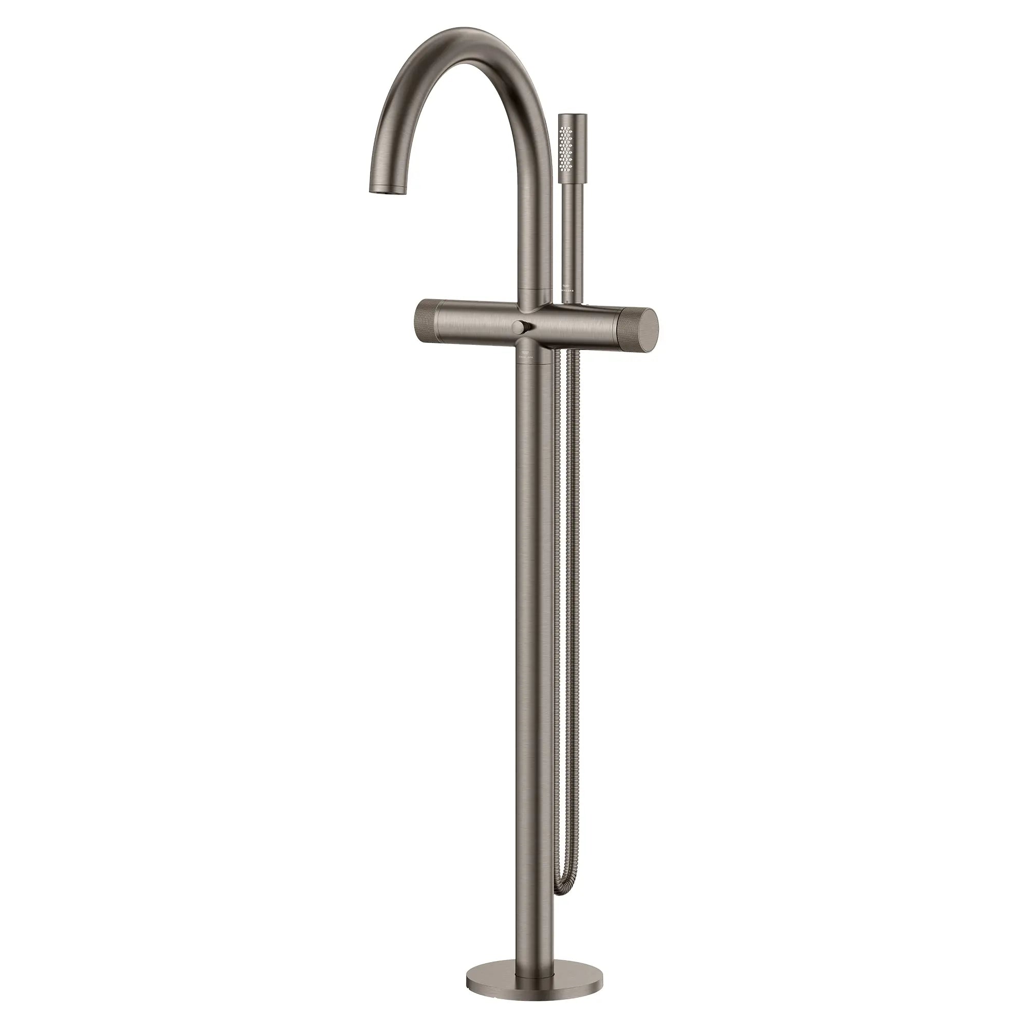 Atrio Private Collection 2-Handle Free Standing Tub Filler with Knob Handles, with 1.75 GPM Hand Shower // BRUSHED HARD GRAPHITE // 288352_Atrio_PC_SiloLeft_105772AL00_0001_JUNE2026_1_CDNwebp.webp
