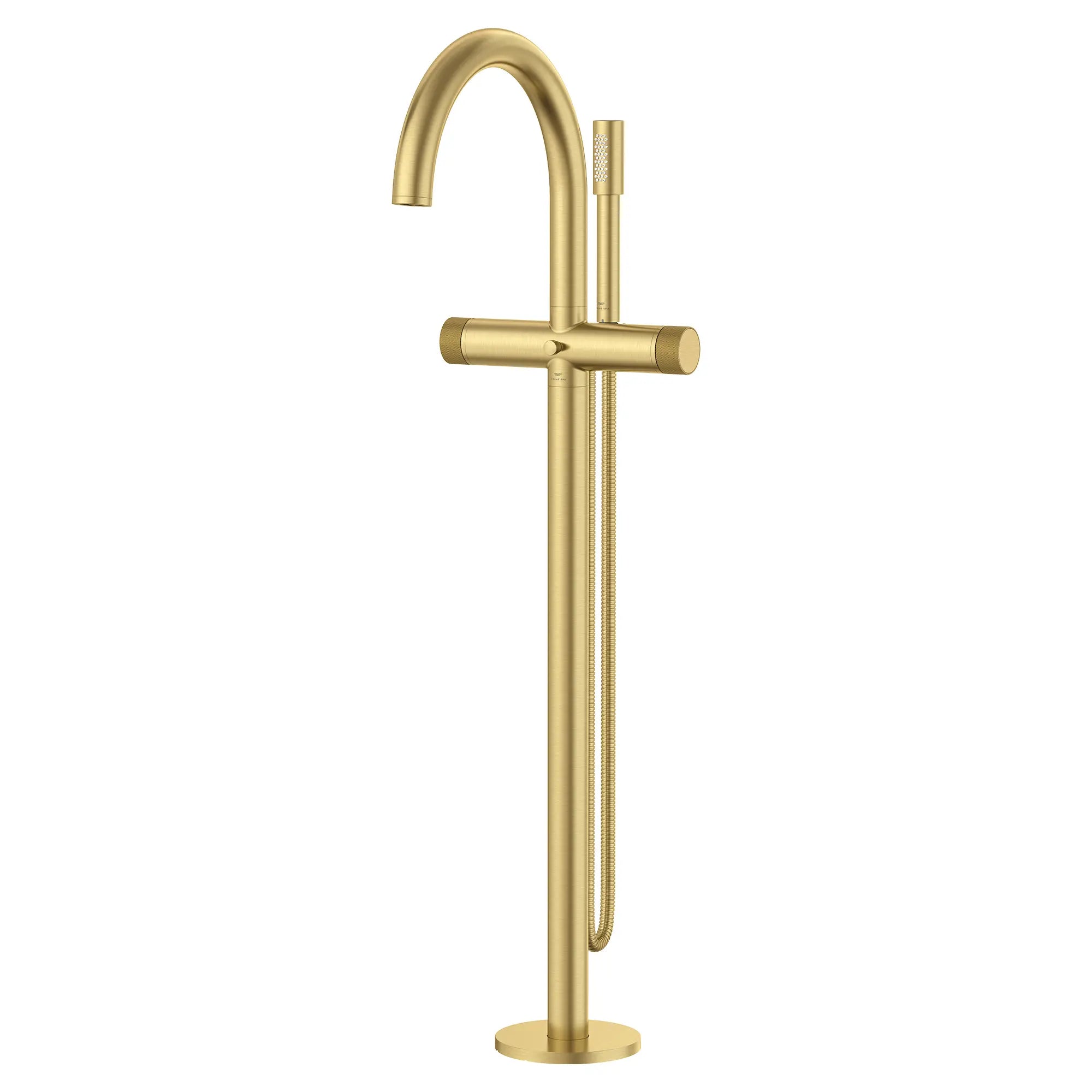 Atrio Private Collection 2-Handle Free Standing Tub Filler with Knob Handles, with 1.75 GPM Hand Shower // BRUSHED COOL SUNRISE // 288356_Atrio_PC_SiloLeft_105772GN00_0001_JUNE2026_1_CDNwebp.webp
