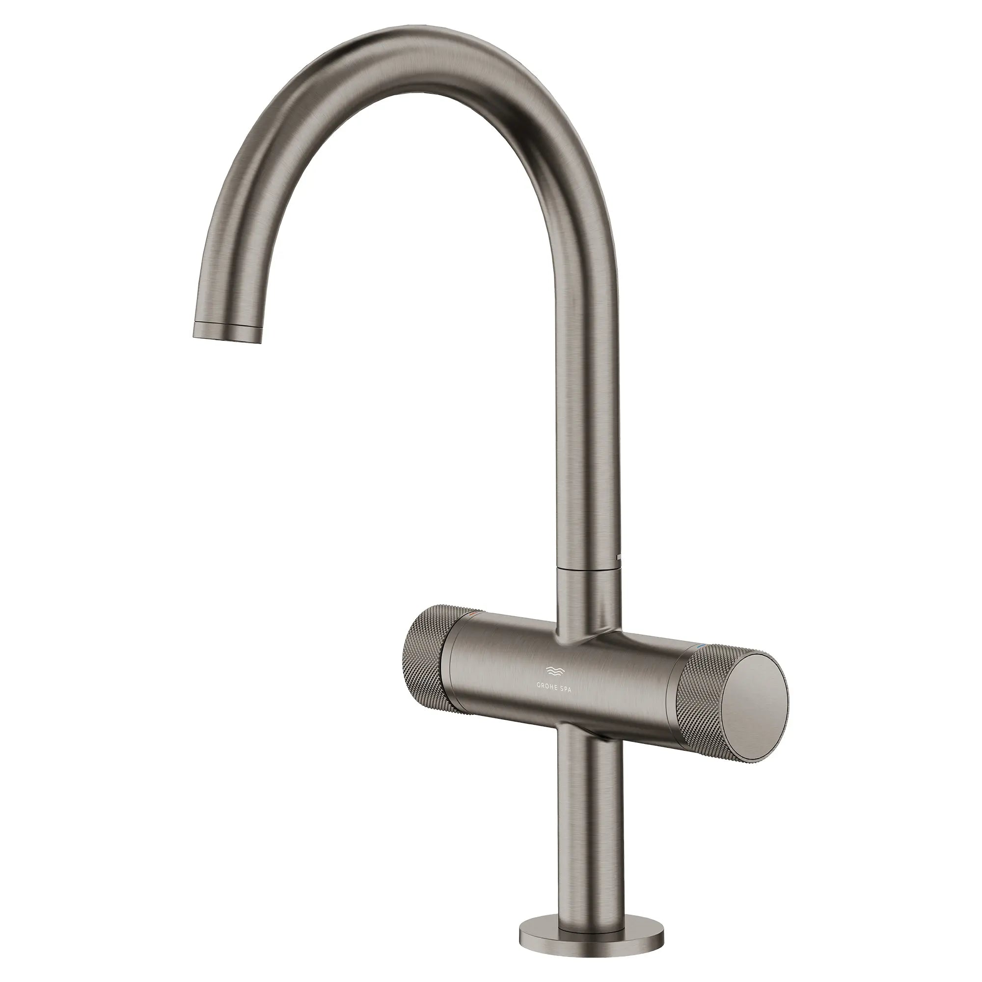 Atrio Private Collection Single Hole 8-Inch Widespread 2-Handle L-Size Bathroom Faucet with Knob Handles, 1.2 GPM (4.5 L/min) // BRUSHED HARD GRAPHITE // 288411_Atrio_SiloLeft_105337AL00_0001_MARCH2026_1_CDNwebp.webp
