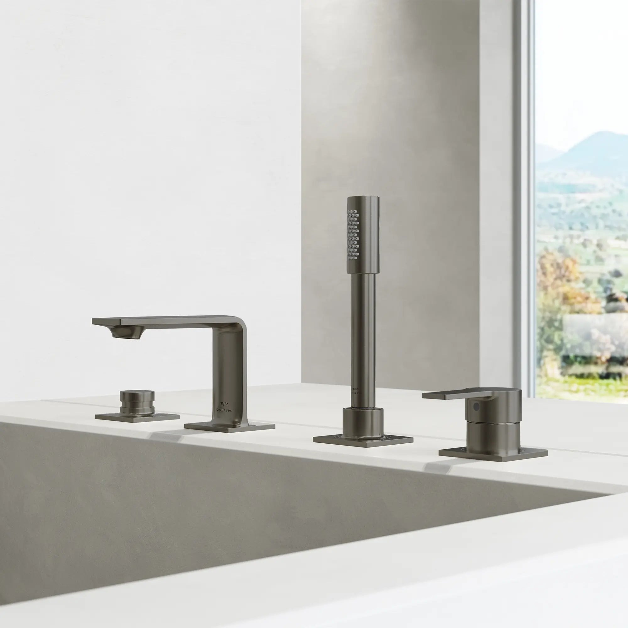Allure 4-Hole Single-Handle Deck Mount Roman Tub Faucet with 1.75 GPM (6.6 L/min) Hand Shower // BRUSHED HARD GRAPHITE // 288564_Allure_EnvironmentCloseUp_19316AL1_0001_April2026V2_0_CDNwebp.webp
