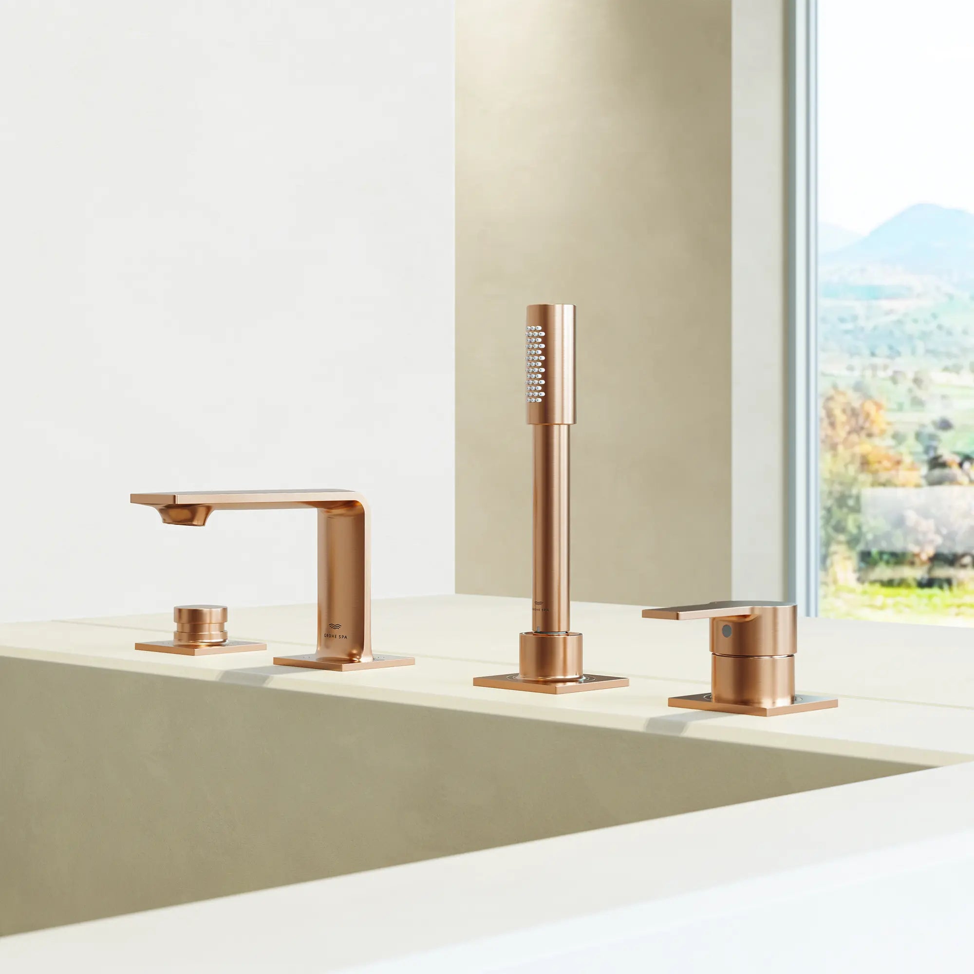 Allure 4-Hole Single-Handle Deck Mount Roman Tub Faucet with 1.75 GPM (6.6 L/min) Hand Shower // BRUSHED WARM SUNSET // 288565_Allure_EnvironmentCloseUp_19316DL1_0001_April2026_0_CDNwebp.webp