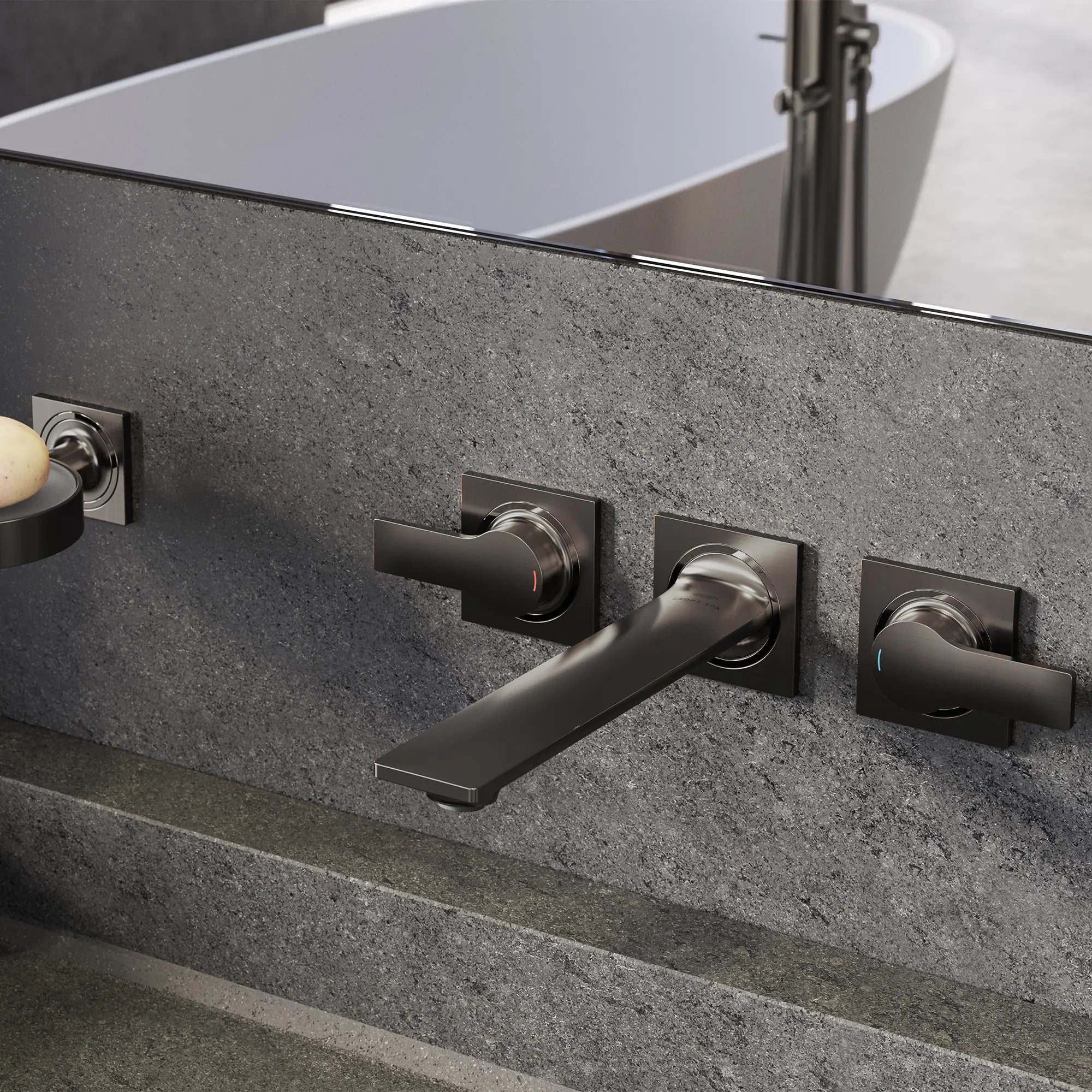 Allure 2-Handle Wall Mount Faucet, 1.2 GPM (4.5 L/min) // BRUSHED HARD GRAPHITE // 288566_Allure_EnvironmentCloseUp_20586AL1_0001_April2026_0_CDNwebp.webp
