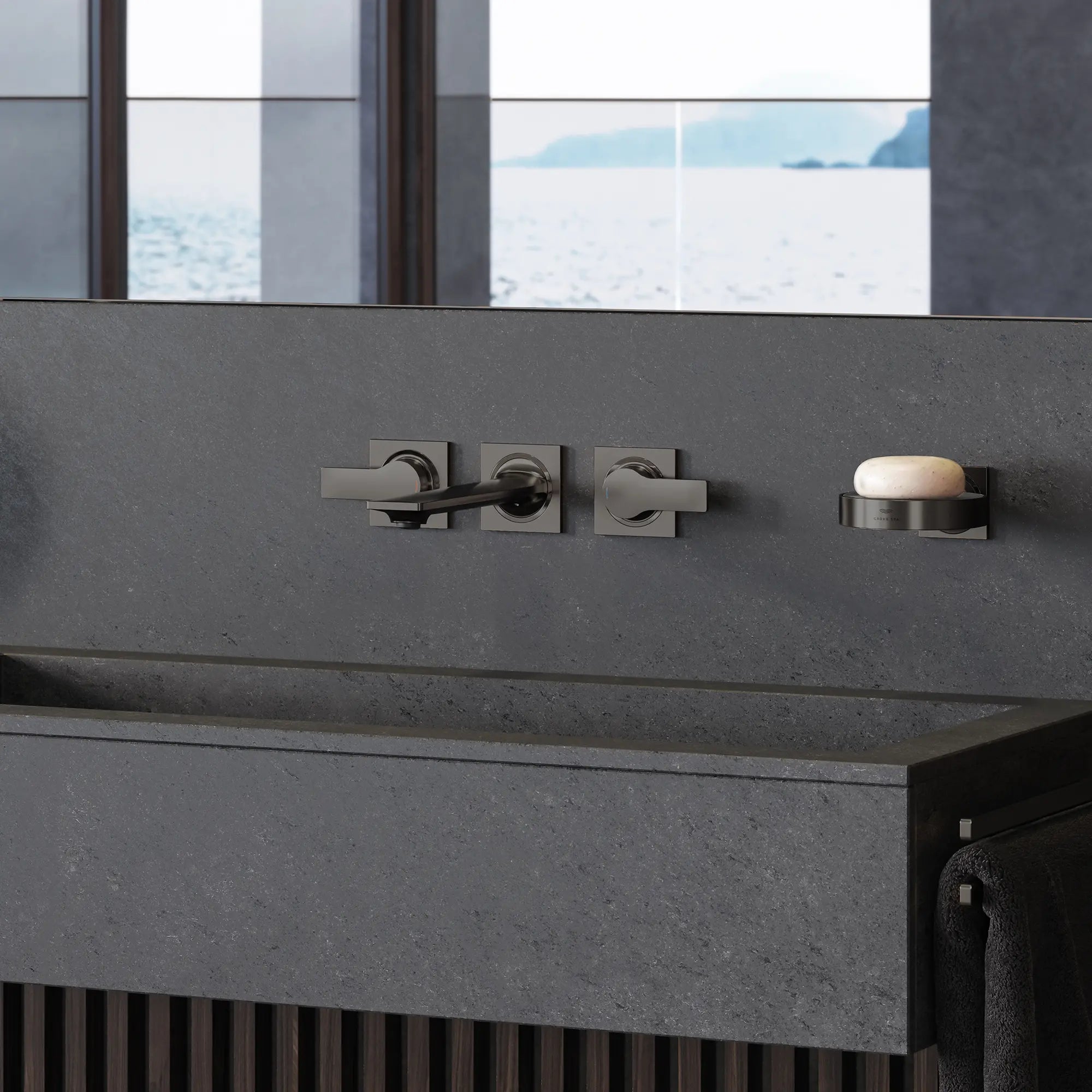 Allure 2-Handle Wall Mount Faucet, 1.2 GPM (4.5 L/min) // BRUSHED HARD GRAPHITE // 288567_Allure_EnvironmentCloseUp_20586AL1_0003_April2026_0_CDNwebp.webp