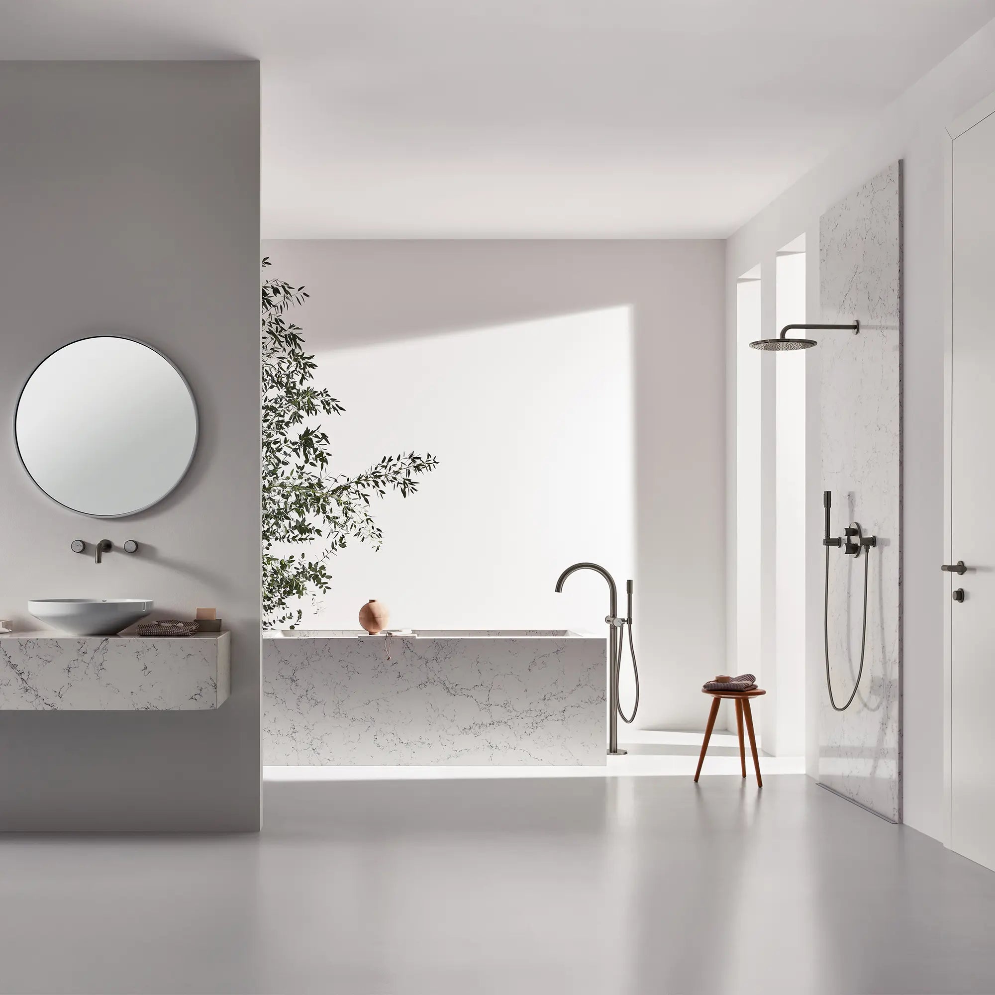 Atrio Private Collection 2-Handle Free Standing Tub Filler with Knob Handles, with 1.75 GPM Hand Shower // BRUSHED HARD GRAPHITE // 288581_Atrio_PC_EnvironmentFull_105772AL00_AL0_0001_April2026_0_CDNwebp.webp