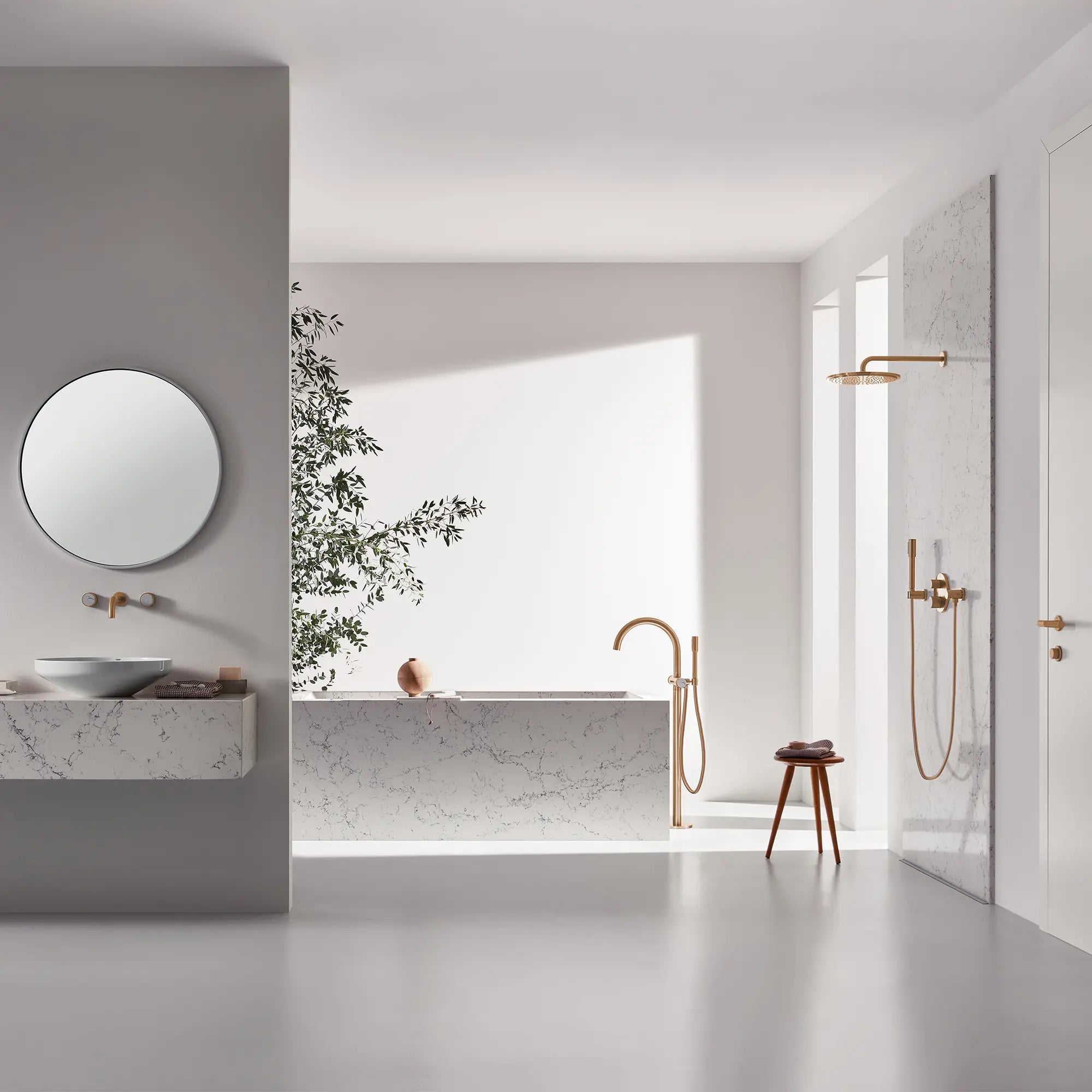 Atrio Private Collection 2-Handle Free Standing Tub Filler with Knob Handles, with 1.75 GPM Hand Shower // BRUSHED WARM SUNSET // 288583_Atrio_PC_EnvironmentFull_105772DL00_105364DL0_0001_April2026V3_0_CDNwebp.webp