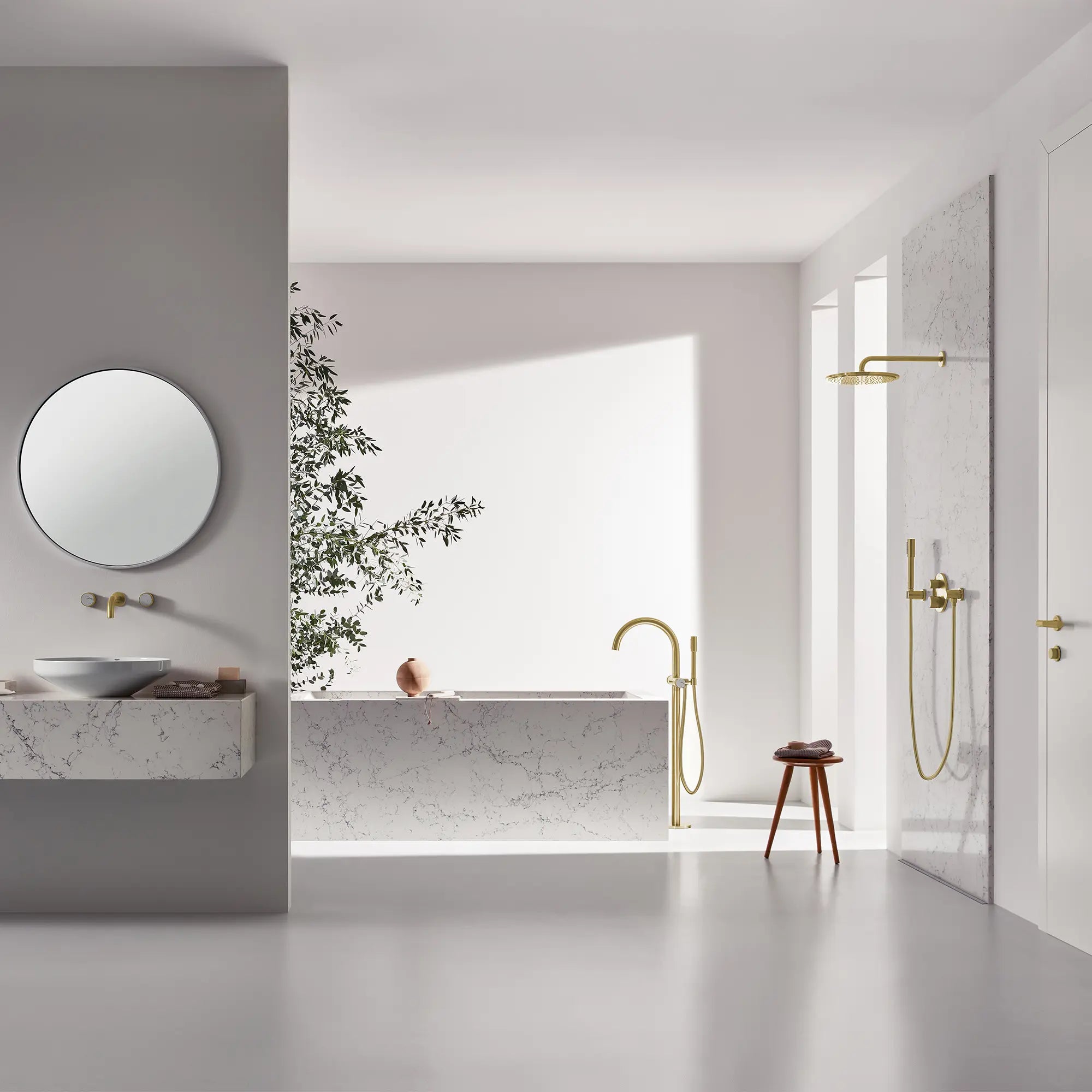 Atrio Private Collection 2-Handle Free Standing Tub Filler with Knob Handles, with 1.75 GPM Hand Shower // BRUSHED COOL SUNRISE // 288585_Atrio_PC_EnvironmentFull_105772GN0_0001_April2026_0_CDNwebp.webp