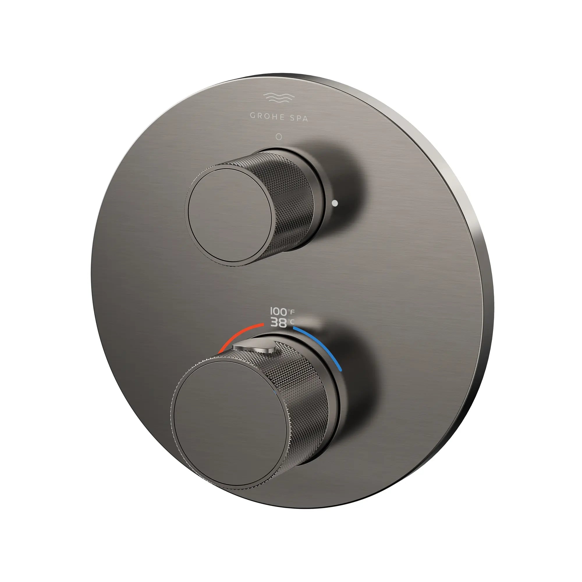 Atrio Private Collection Dual Function 2-Handle Thermostatic Valve Trim with Control Module with Knob Handles // BRUSHED HARD GRAPHITE // 288865_Atrio_SiloLeft_105366AL00_0001_JULY2026_0_CDNwebp.webp