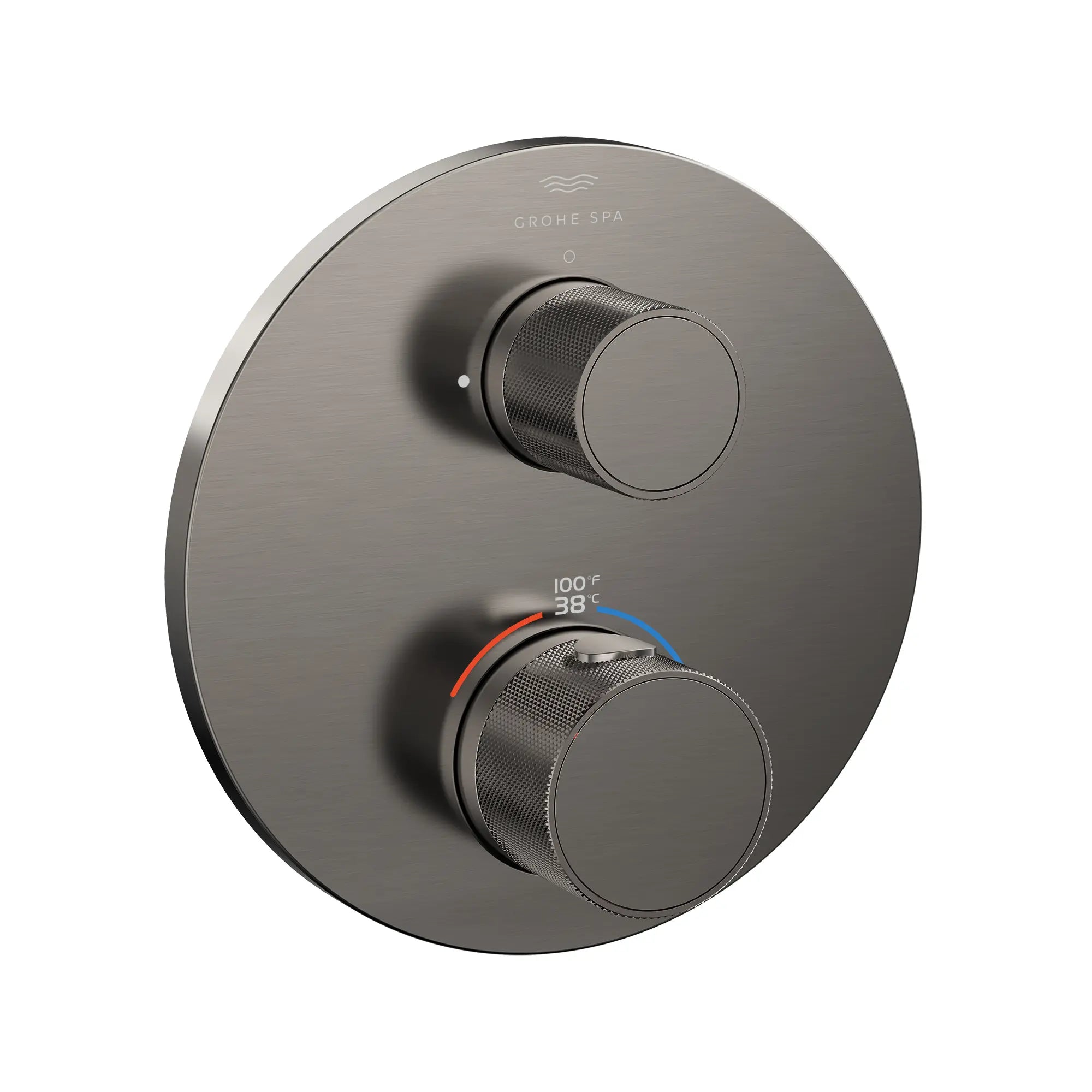 Atrio Private Collection Dual Function 2-Handle Thermostatic Valve Trim with Control Module with Knob Handles // BRUSHED HARD GRAPHITE // 288884_Atrio_SiloRight_105366AL00_0001_JULY2026_0_CDNwebp.webp