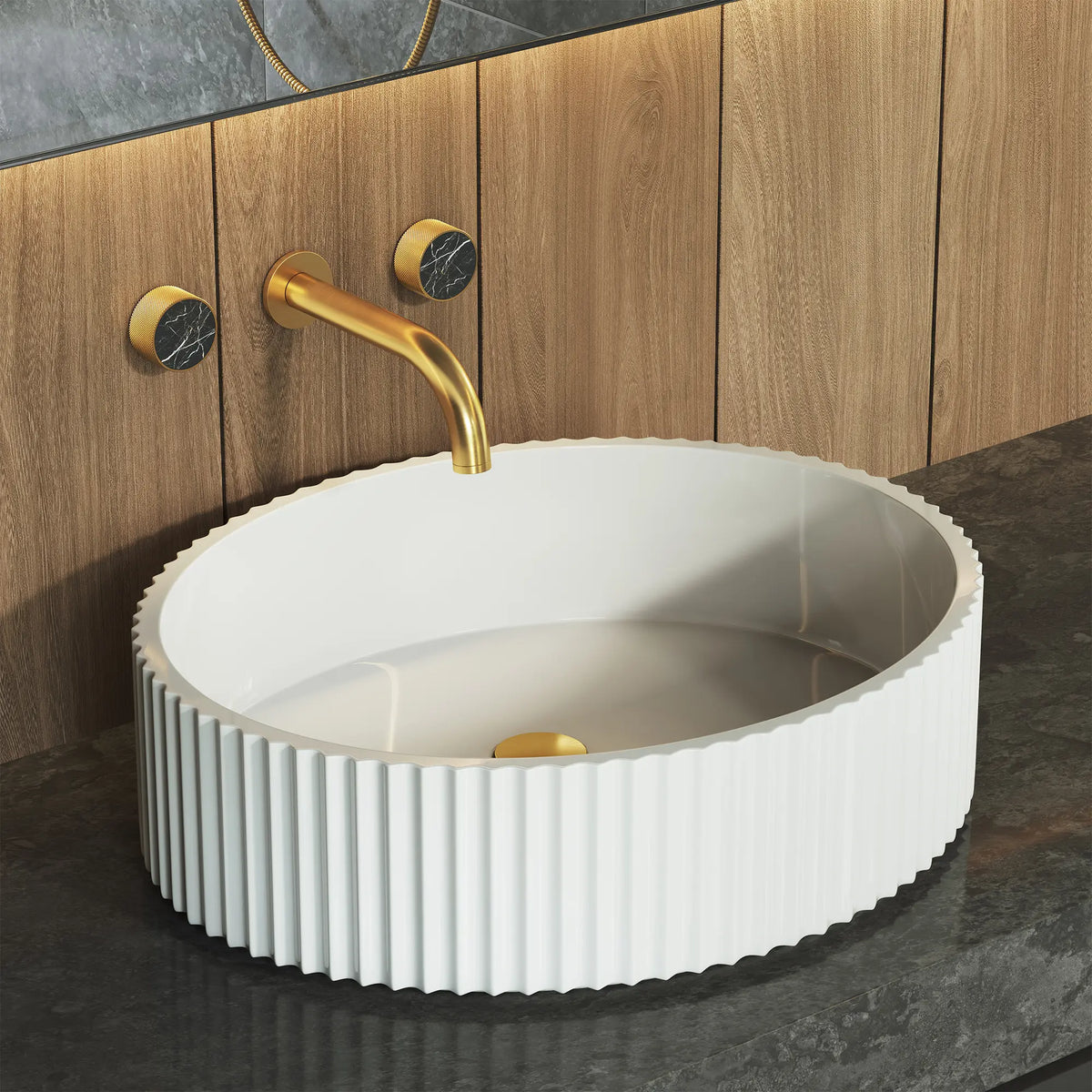 Atrio Private Collection 2-Handle Wall Mount Faucet, Knob Handles, 1.2 GPM (4.5L.min) // BRUSHED COOL SUNRISE // 289347_Env._B-Atrio_PC_EnviromentCloseUp_105364GN00_0001_MAY2026_1_CDNwebp.webp