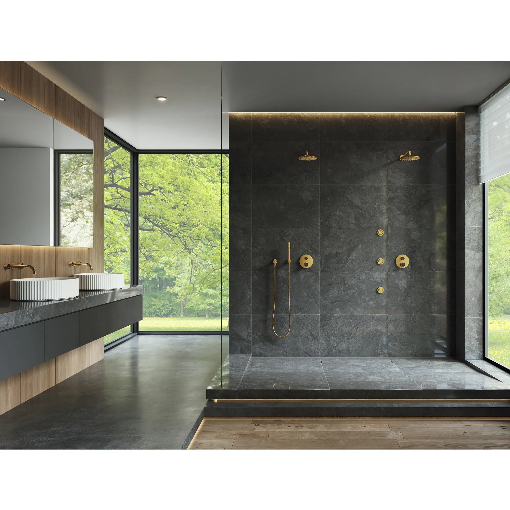 Rainshower Round  Handshower Wall Mount Holder // BRUSHED COOL SUNRISE // 289348_Env.B-Atrio_PC_EnviromentFull_105364GN00_27074GN00_26866GN00_26635GN00_105366GN00_26844GN00_112095GN00_0001_MAY2026_2_CDNwebp.webp