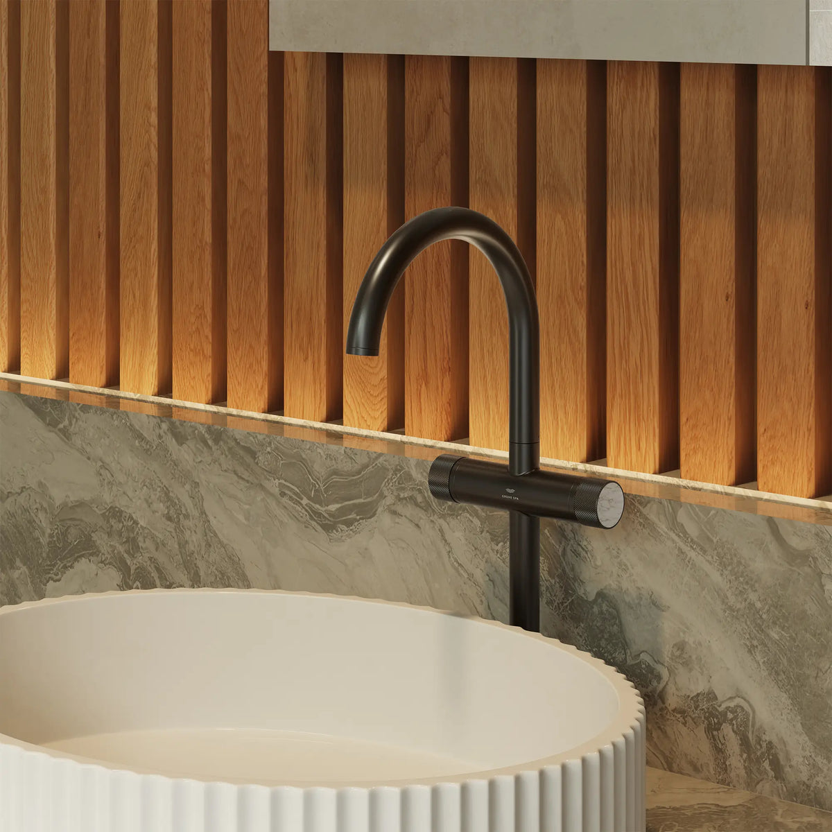 Atrio Private Collection Single Hole Two-Handle Vessel Sink Faucet with Knob Handles, 1.2 GPM (4.5 L/min) // MATTE BLACK // 289350_Env.D-Atrio_PC_EnviromentCloseUp_1053422430_0001_MAY2026_1_CDNwebp.webp