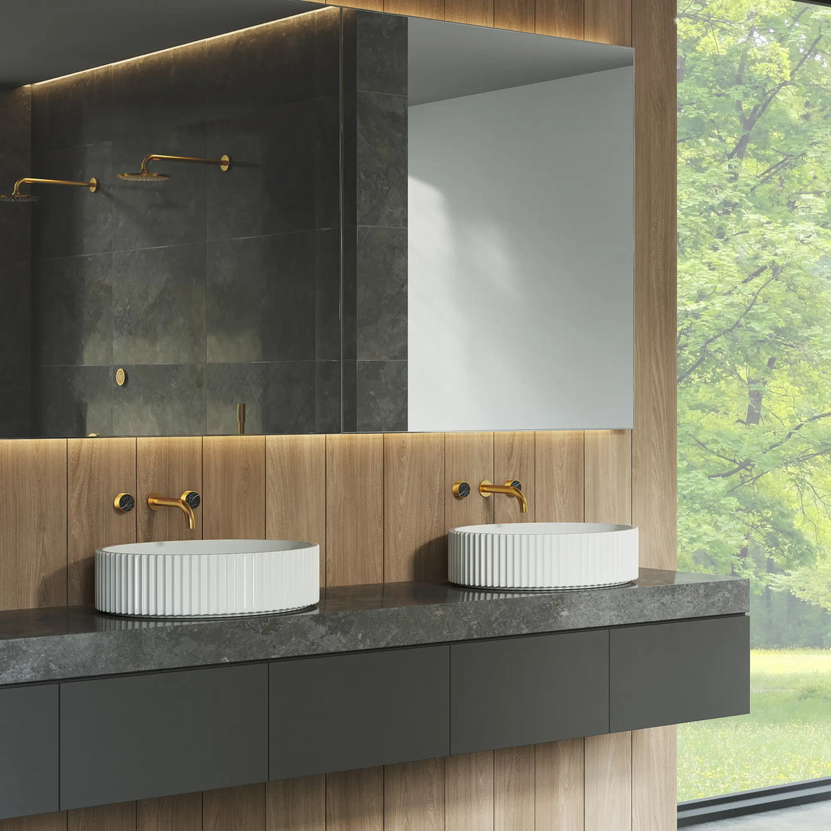 Atrio Private Collection 8-inch Widespread 2-Handle M-Size Bathroom Faucet with Knob Handles, 1.2 GPM (4.5 L/min) // MATTE BLACK // 289351_Env._B-Atrio_PC_EnviromentMedium_105364GN00_0001_MAY2026_2_CDNwebp.webp