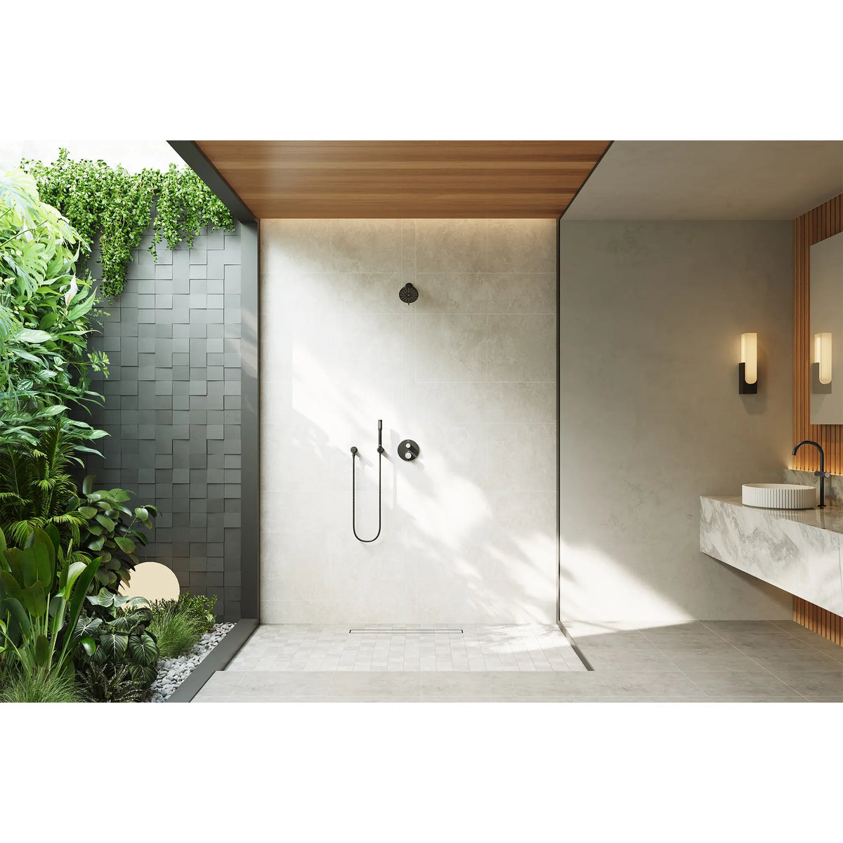 Atrio Private Collection Dual Function 2-Handle Thermostatic Valve Trim with Control Module with Knob Handles // MATTE BLACK // 289356_Env.D-Atrio_PC_EnviromentFull_1053422430_0001_MAY2026_1_CDNwebp.webp