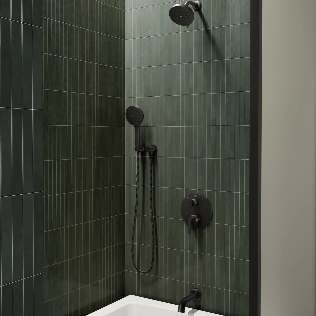 Euphoria 140 with AquaBooster Round Multi Spray Shower Head 1.75 GPM (6.6L/min) // MATTE BLACK // 289791_Aqua_Booster_EnvironmentCloseUp_1117162430_1062352430_1062172430_0001_JANUARY2026_1_CDNwebp.webp