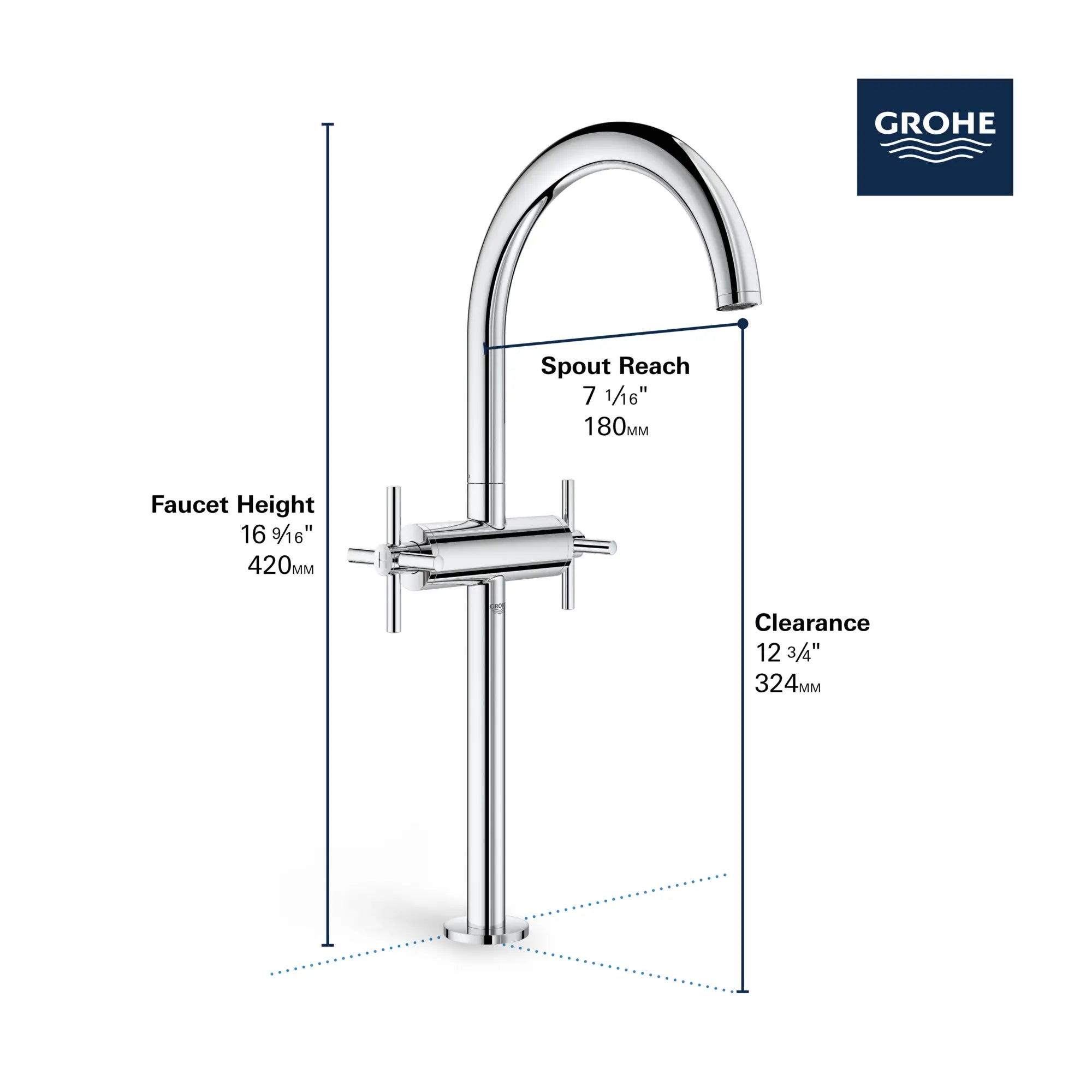 Single Hole Two-Handle Deck Mount Vessel Sink Faucet 1.2 GPM // GROHE STARLIGHT CHROME // 68466_GROHE_Atrio_Bath_2-Handle_Faucet_21046_3_Infographics_2_0_CDNwebp.webp