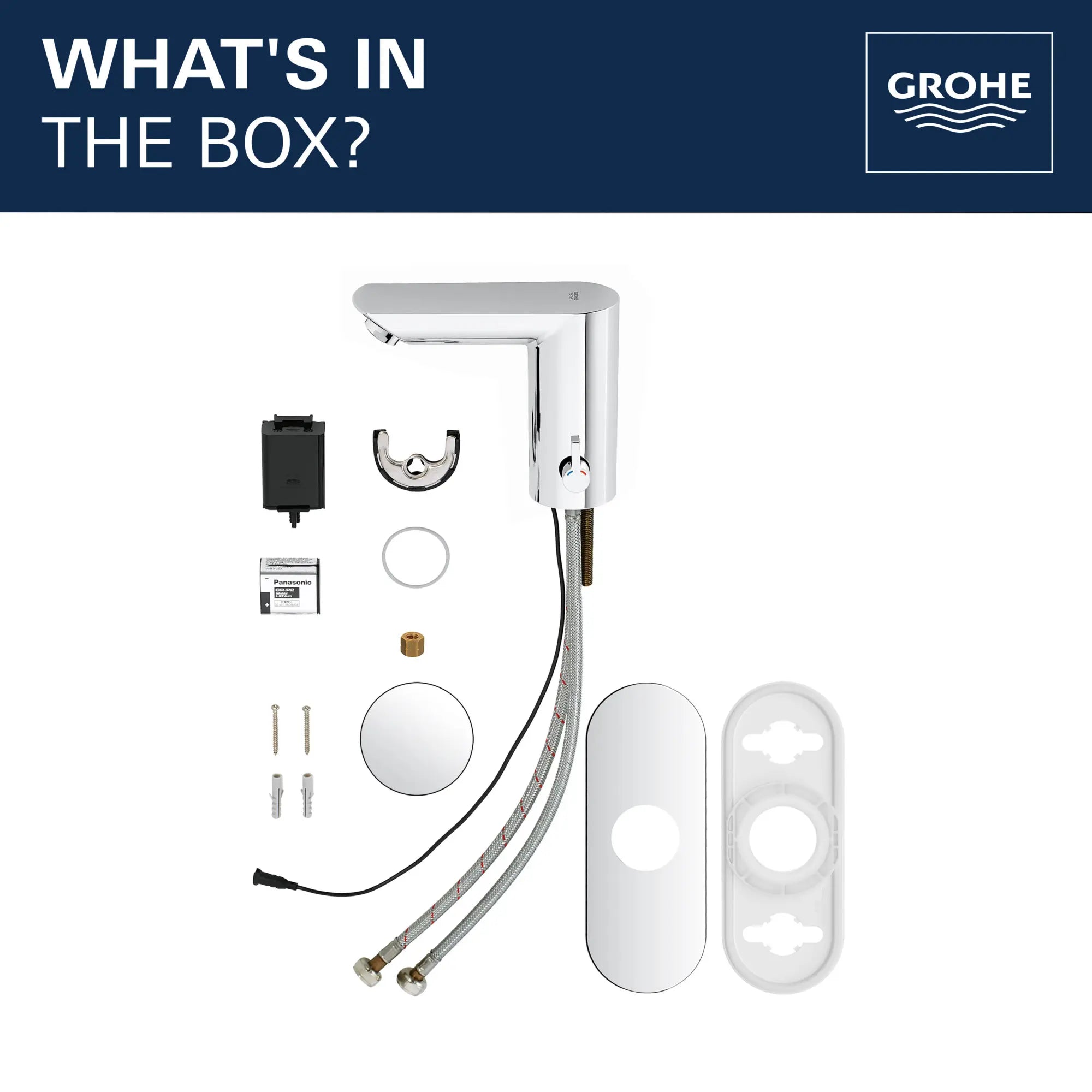 E Touchless Electronic Faucet with Temperature Control Lever, Battery-Powered // GROHE STARLIGHT CHROME // 68495_2020_GROHE_BauCosmo_Bath_Faucet_Infographic_Whats_in_Box_36466000_1_0_CDNwebp.webp