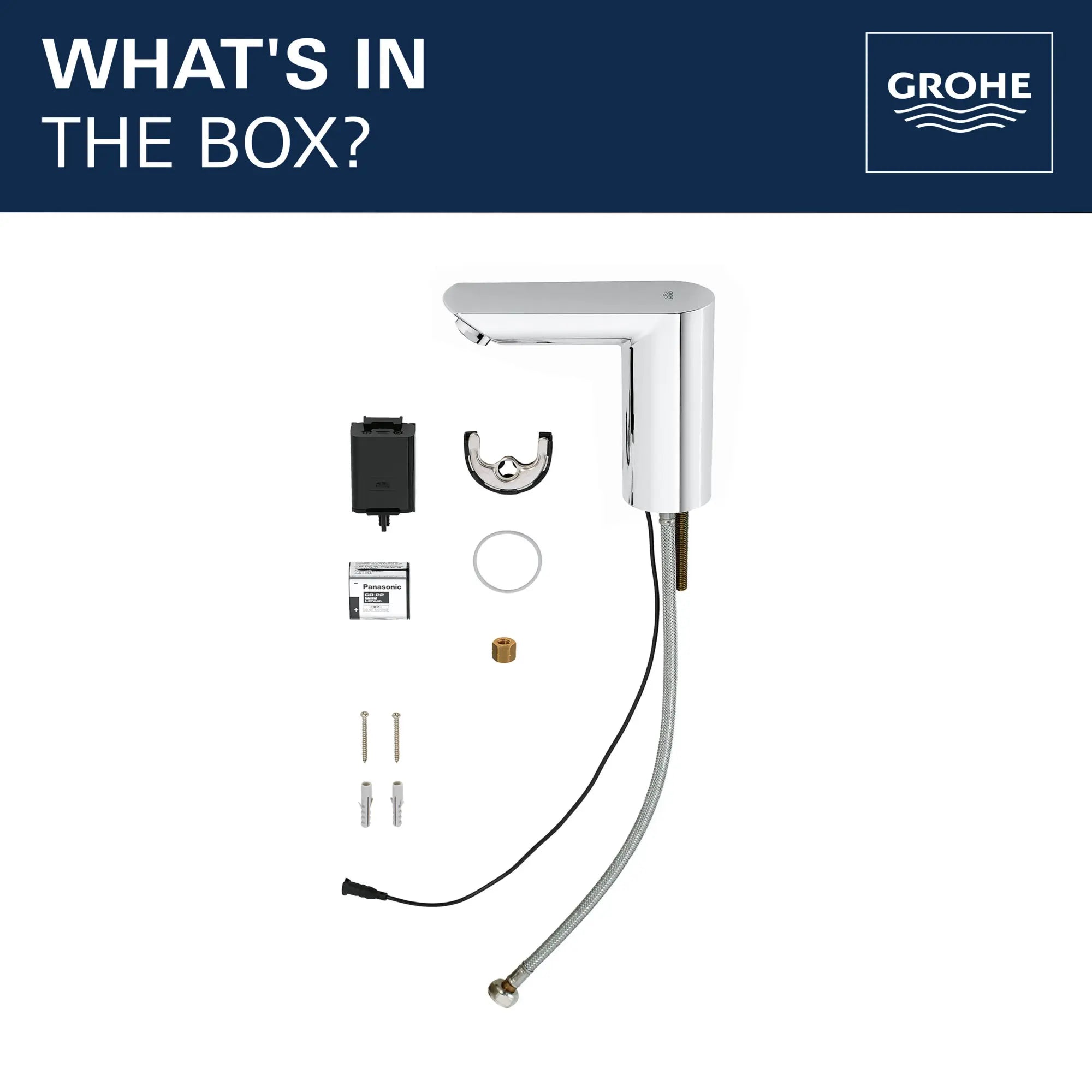 E Touchless Electronic Faucet Less Mixing, Battery-Powered // GROHE STARLIGHT CHROME // 68496_2020_GROHE_BauCosmo_Bath_Faucet_Infographic_Whats_in_Box_36468000_1_0_CDNwebp.webp