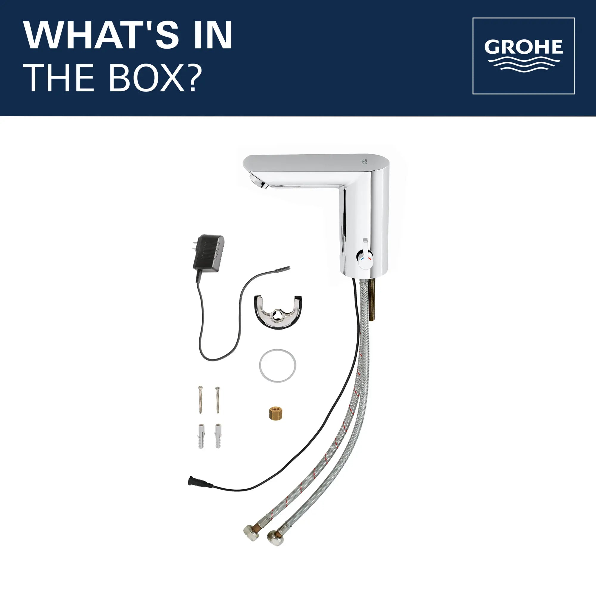 E Touchless Electronic Faucet with Temperature Control Lever, AC-Powered // GROHE STARLIGHT CHROME // 68500_2020_GROHE_BauCosmo_Bath_Faucet_Infographic_Whats_in_Box_36469000_1_0_CDNwebp.webp