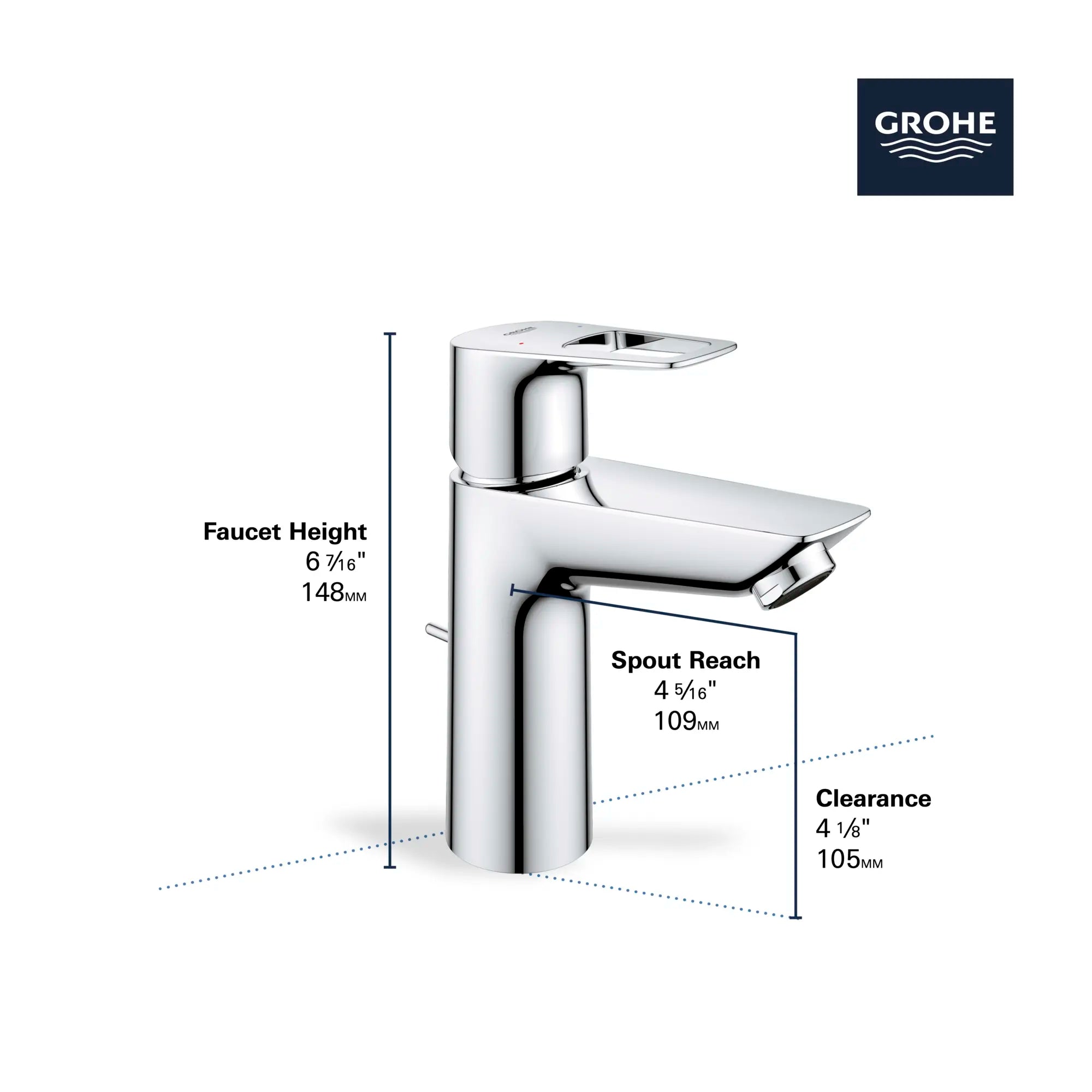 Single Hole Single-Handle M-Size Bathroom Faucet, 1.2 GPM (4.5 L/min) // GROHE STARLIGHT CHROME // 68523_GROHE_BauLoop_Bath_Faucet_23963001_Infographics_2_0_CDNwebp.webp